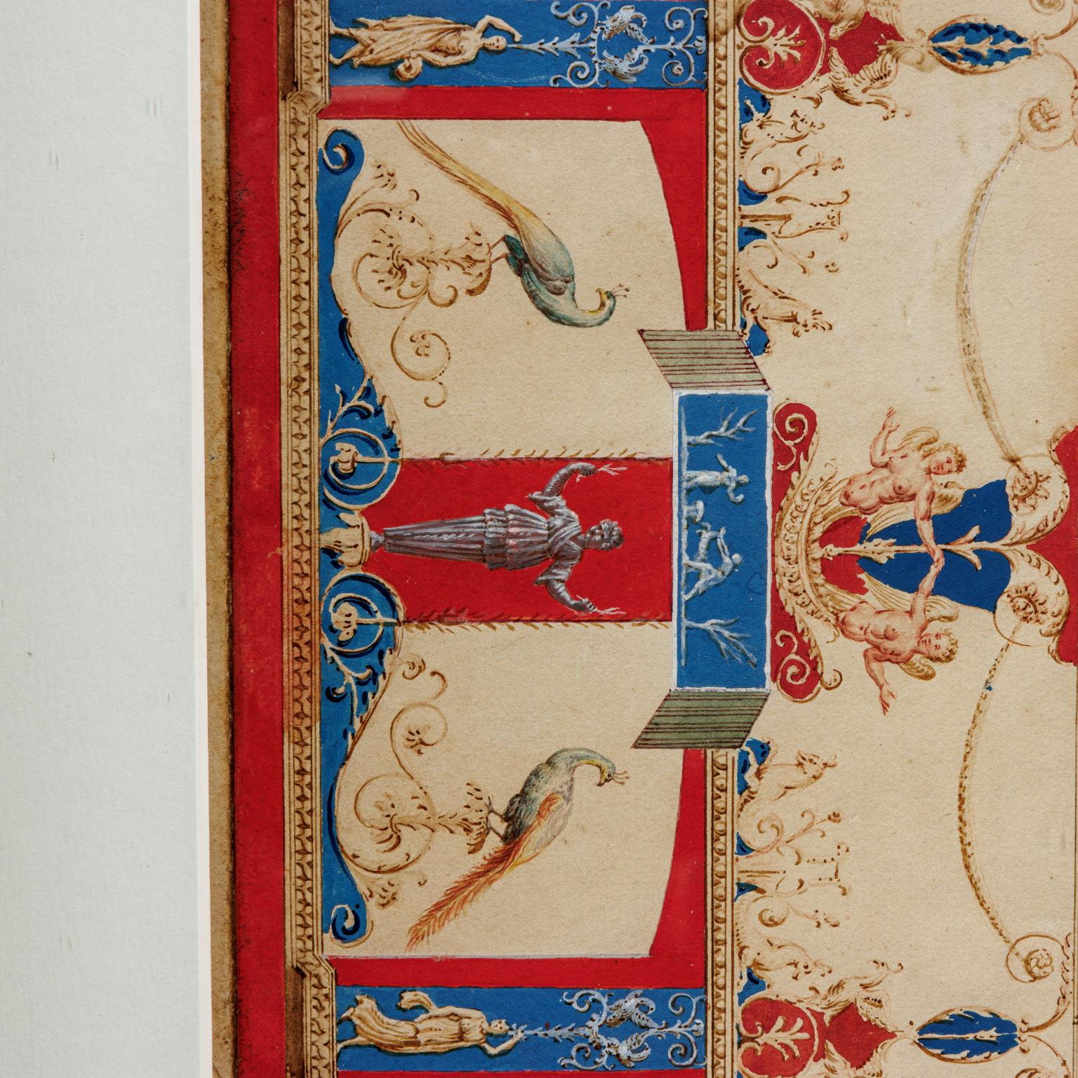 Zeichnung auf Papier in Tusche, Bleiweiß und Gouache, die das mit Fresken bemalte Gewölbe der Adlergalerie in der Domus Aurea darstellt. Das äußere Band wird von Reservaten eingenommen, die von Adlern und Pfauen bewohnt werden; im innersten Band