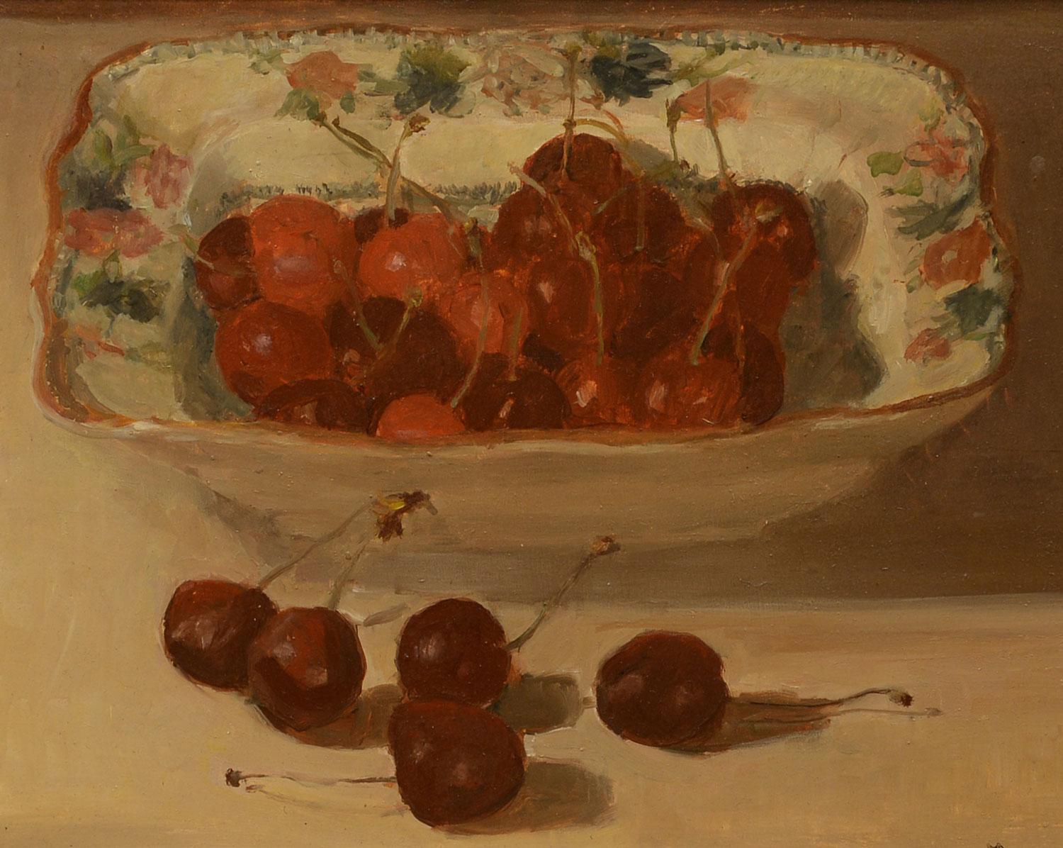 Unknown Still-Life Painting - "Dish of Cherries, " French or British Impressionist, Still Life, Oil on Board