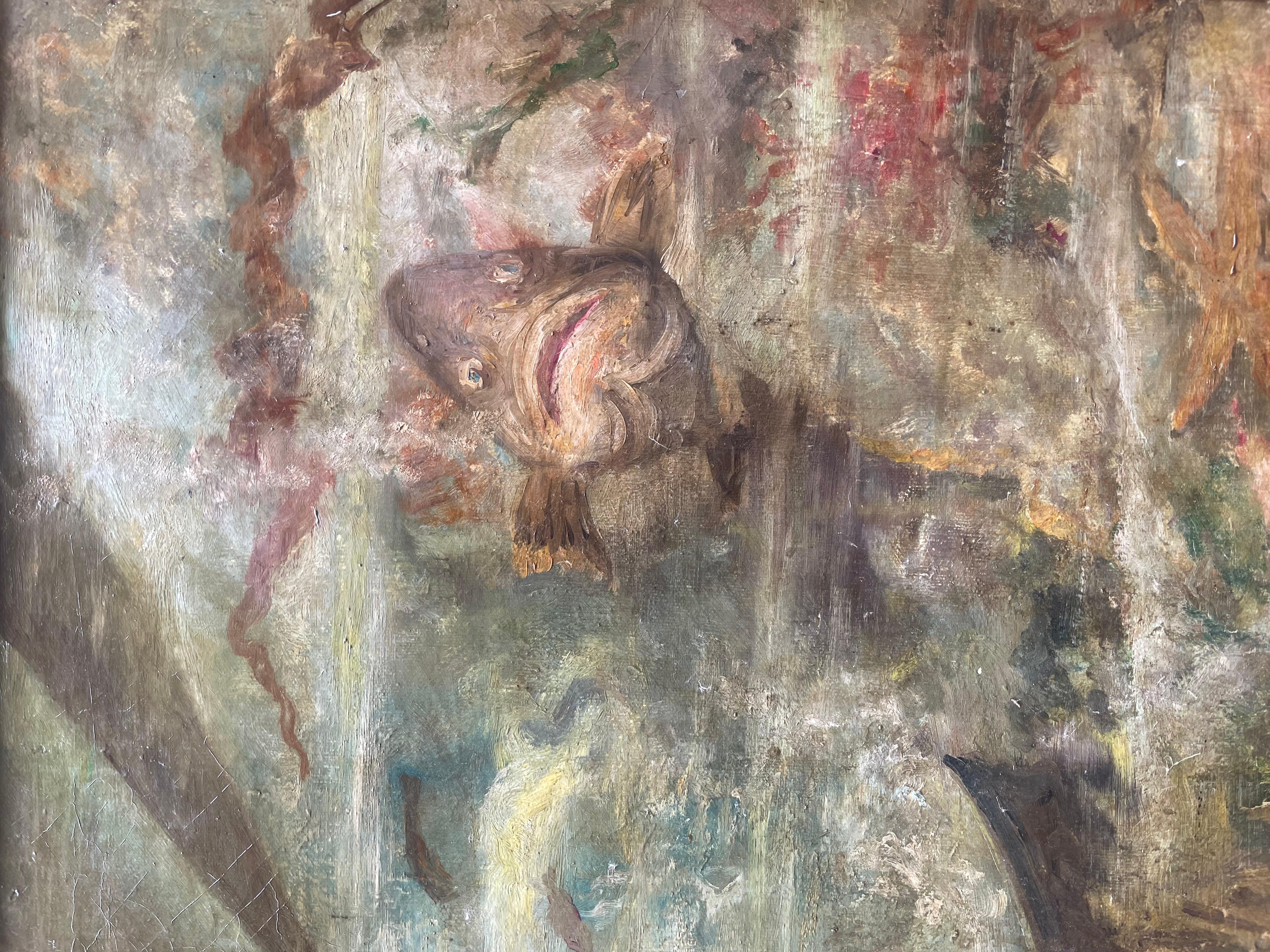 Diver with Grouper under a Boat – Mid-20th Century - Painting de Unknown