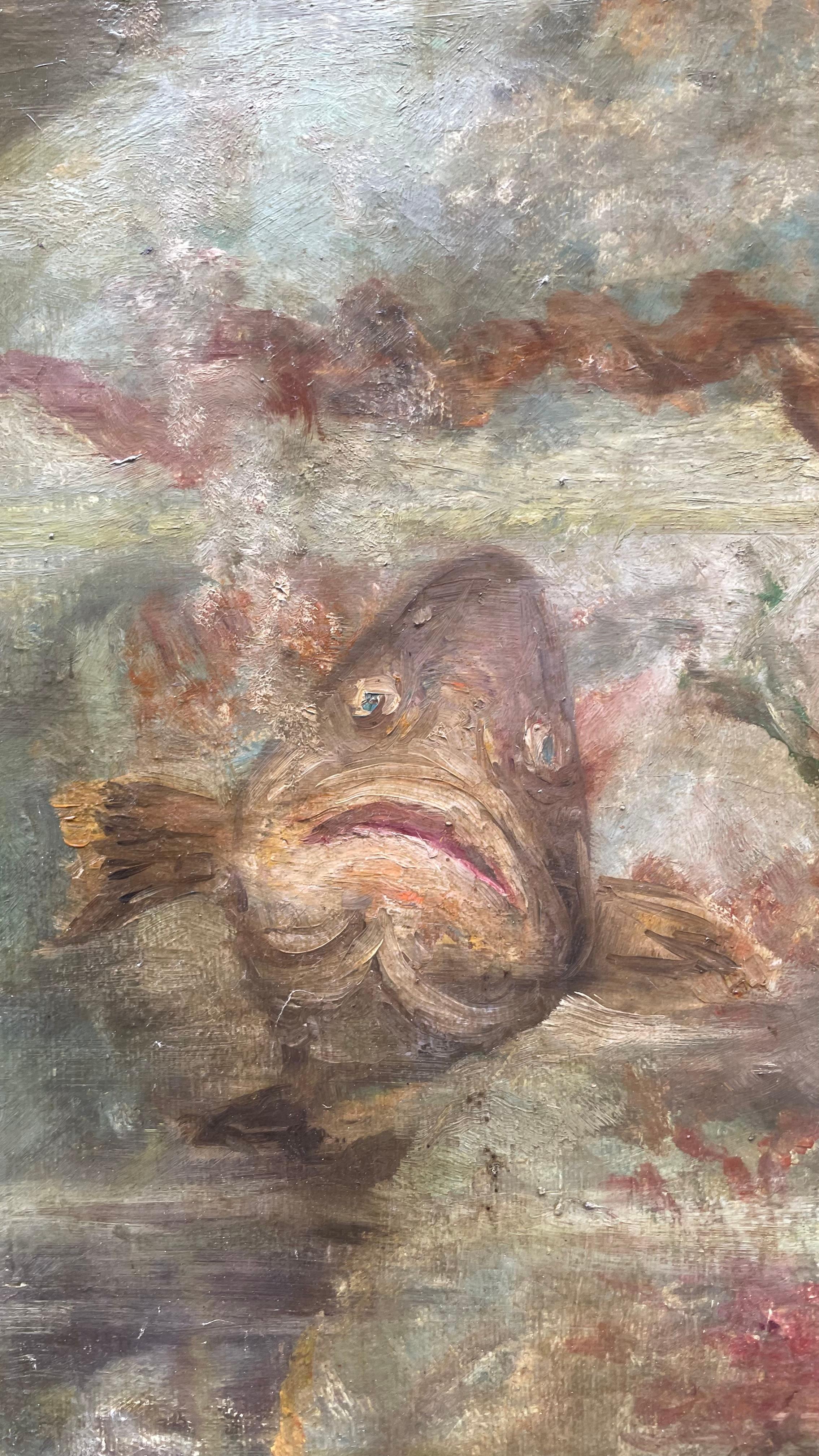 Diver with Grouper under a Boat – Mid-20th Century - École italienne Painting par Unknown