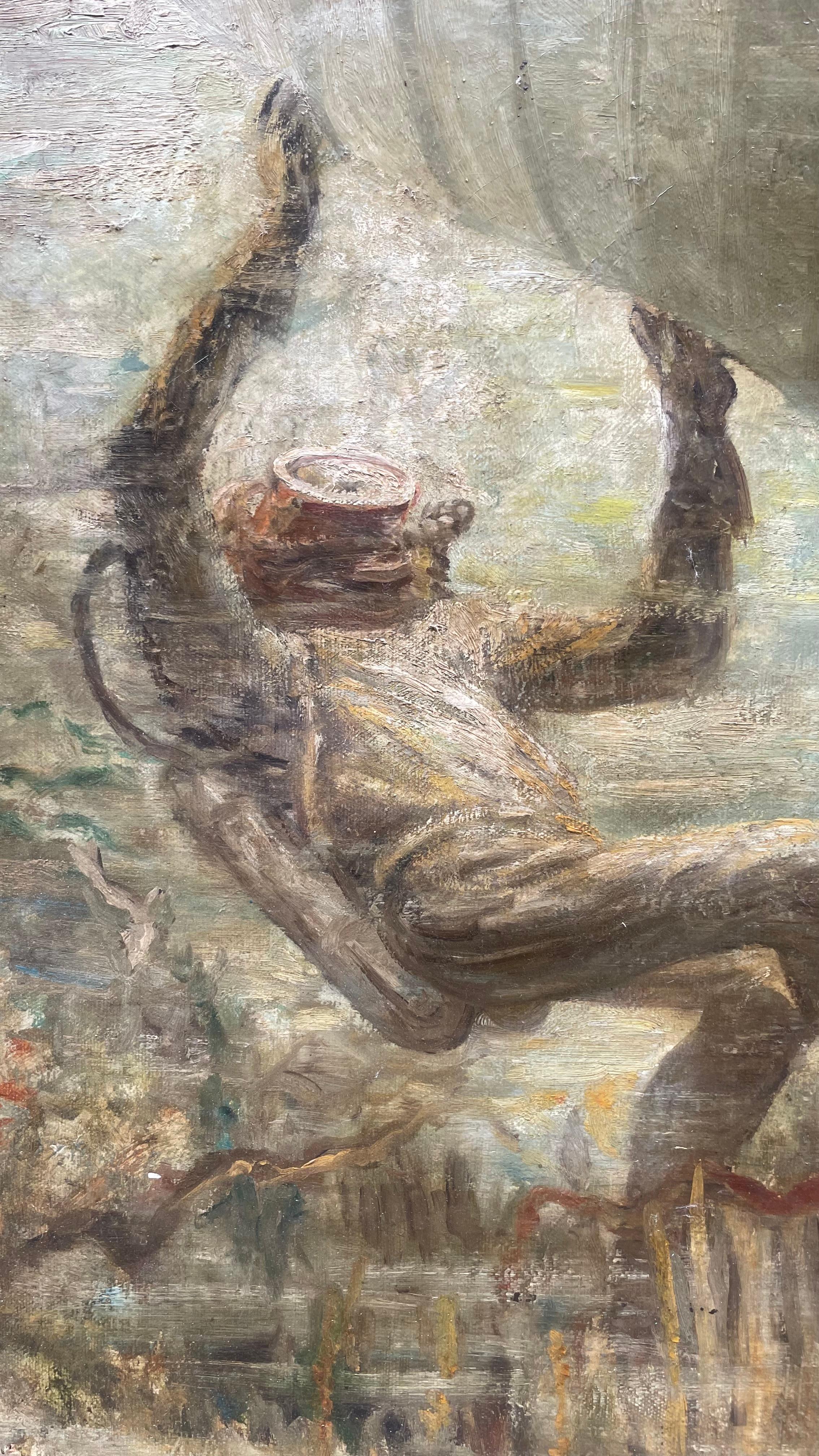 Diver with Grouper under a Boat – Mid-20th Century - Brown Landscape Painting par Unknown