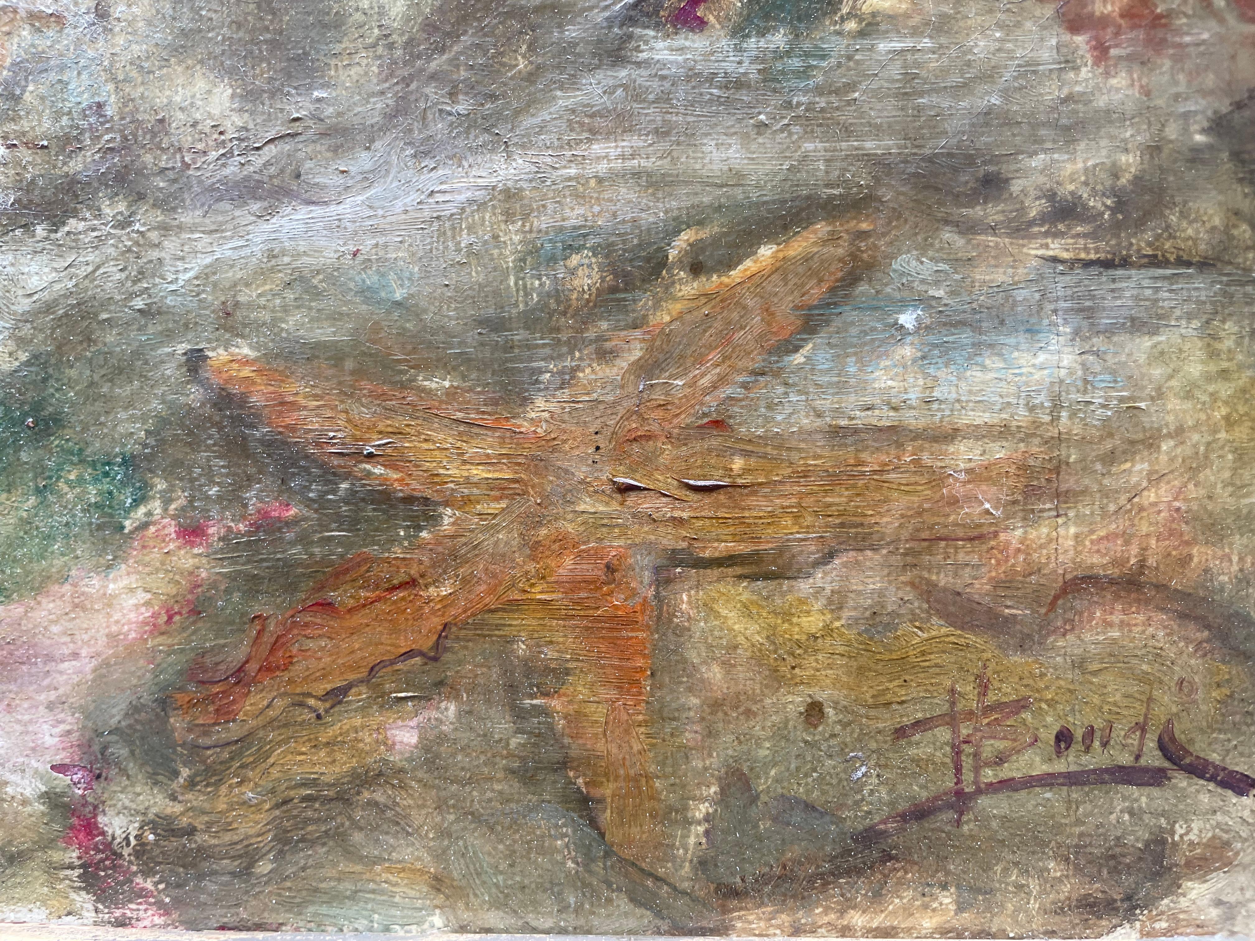 Diver with Grouper under a Boat – Mid-20th Century

Oil on canvas
Framed size: 99 × 74 cm
Unframed size: 80 × 56 cm
20th-century wooden frame

The painting depicts a diver working under a boat, accompanied in the foreground by a large grouper. The