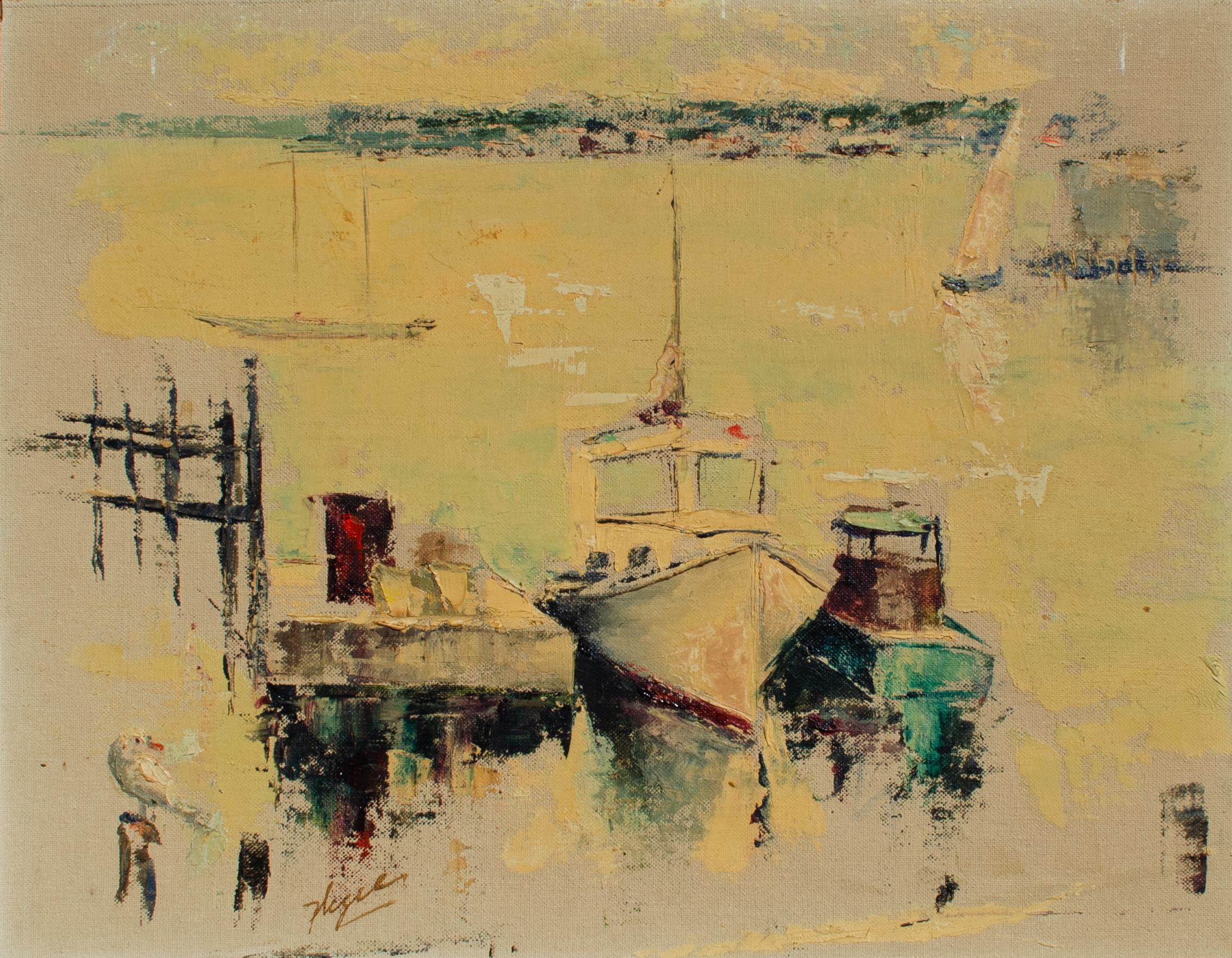 Unknown Figurative Painting – Docked Fishing Boat in Gloucester, MA, von Mystery American Artist
