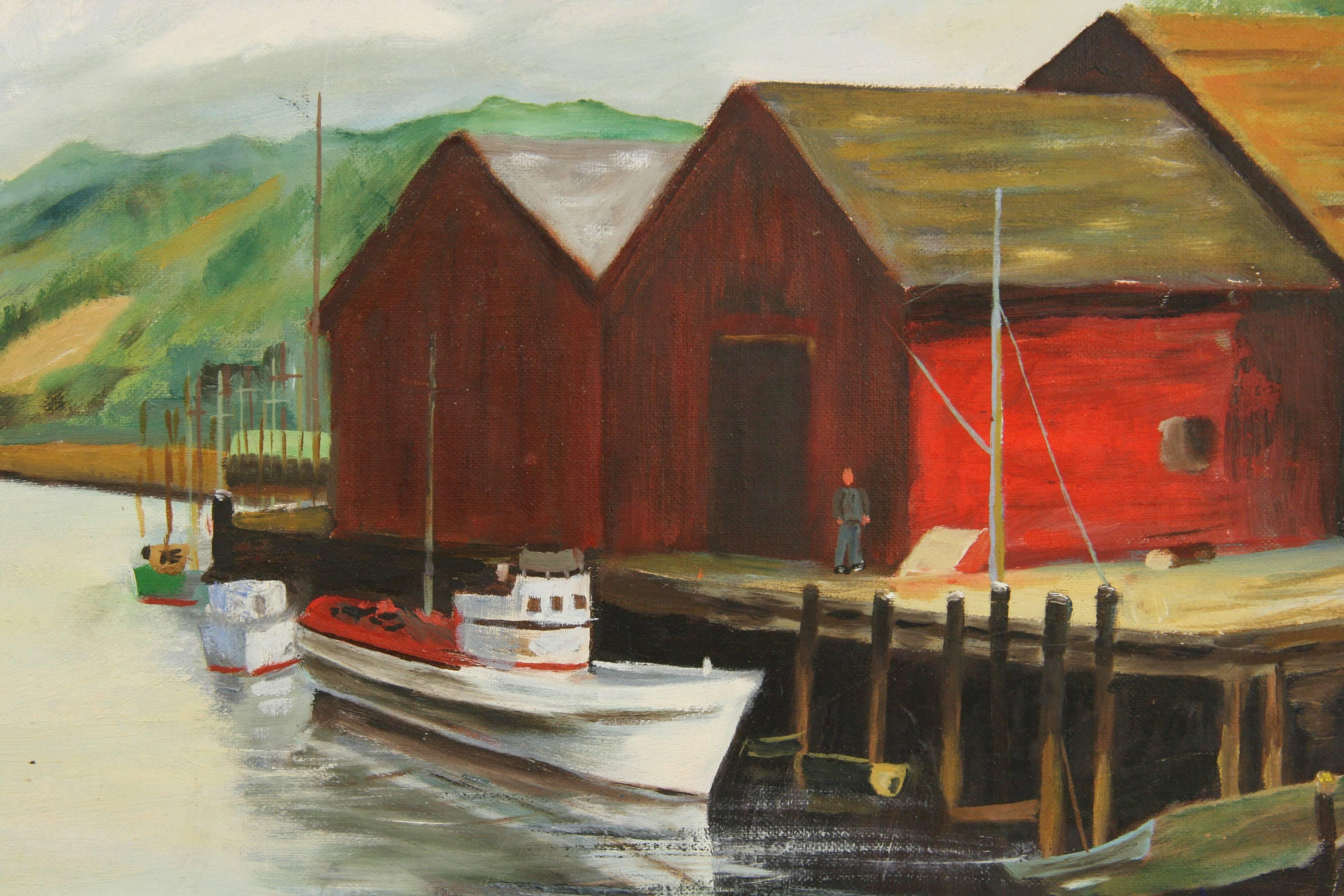 #5-3219 Dockside at the cannery ,acrylic on artist board displayed in an embossed gilt and green wood frame .Signed lower right by I.Ruiz.Image size!6 H x 19 W.Age wear on the frame