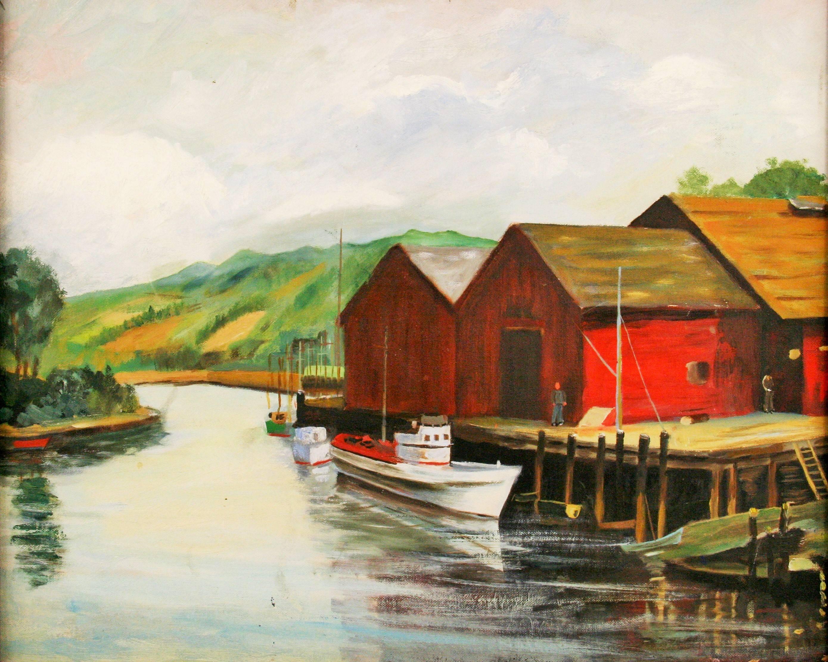 Dockside at The Cannery Seascape Landscape  Painting - Brown Landscape Painting by Unknown