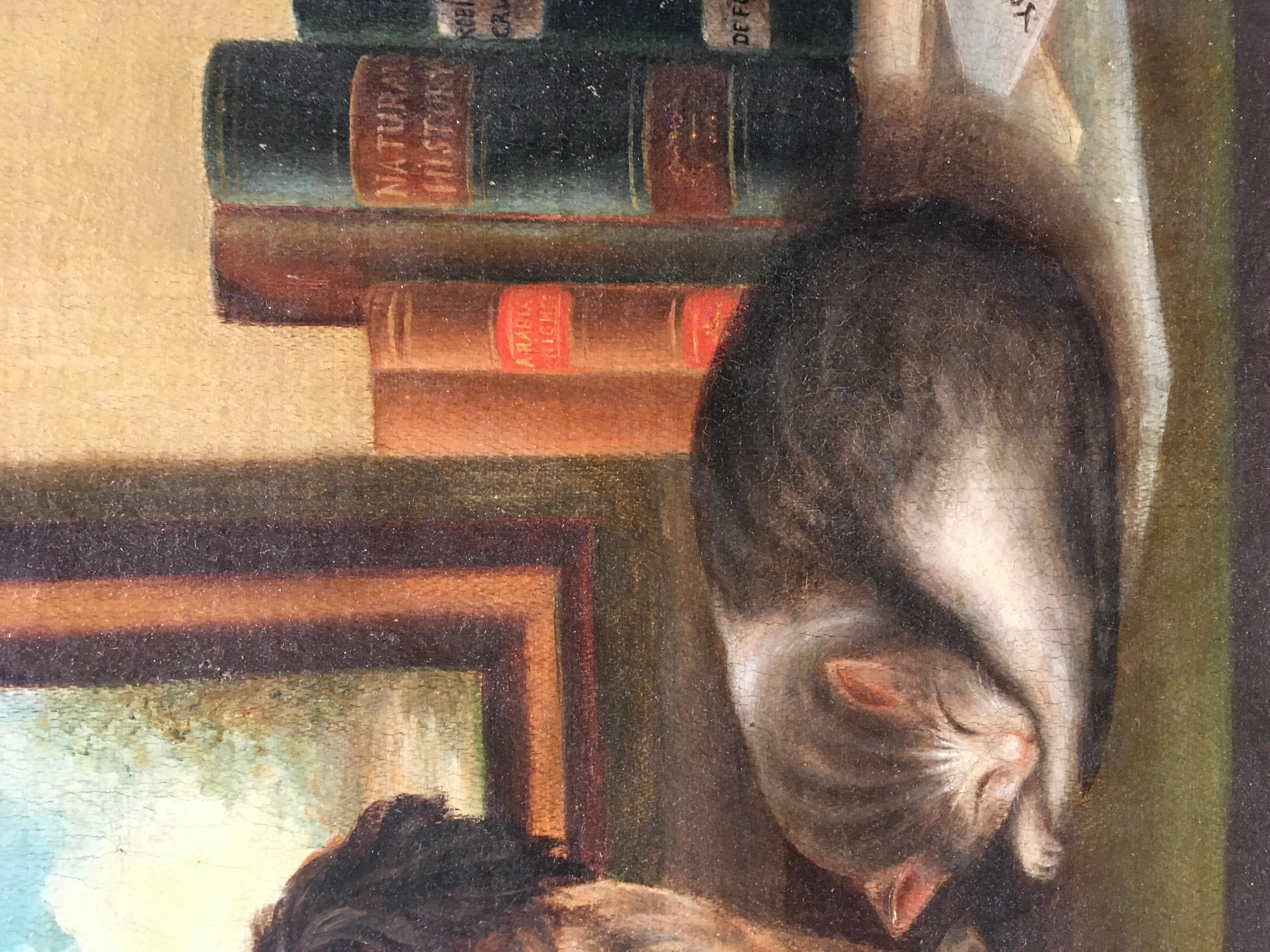  'Spaniel and Sleeping Cat' , Unknown, Oil on Canvas Painting, 19th c. For Sale 5