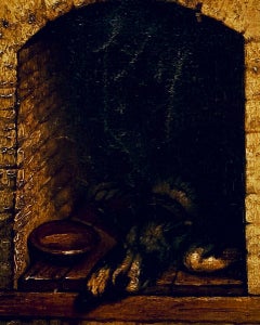 “Dog Dozing in a Kennel” British School Oil Painting on Canvas Signed "Southam"