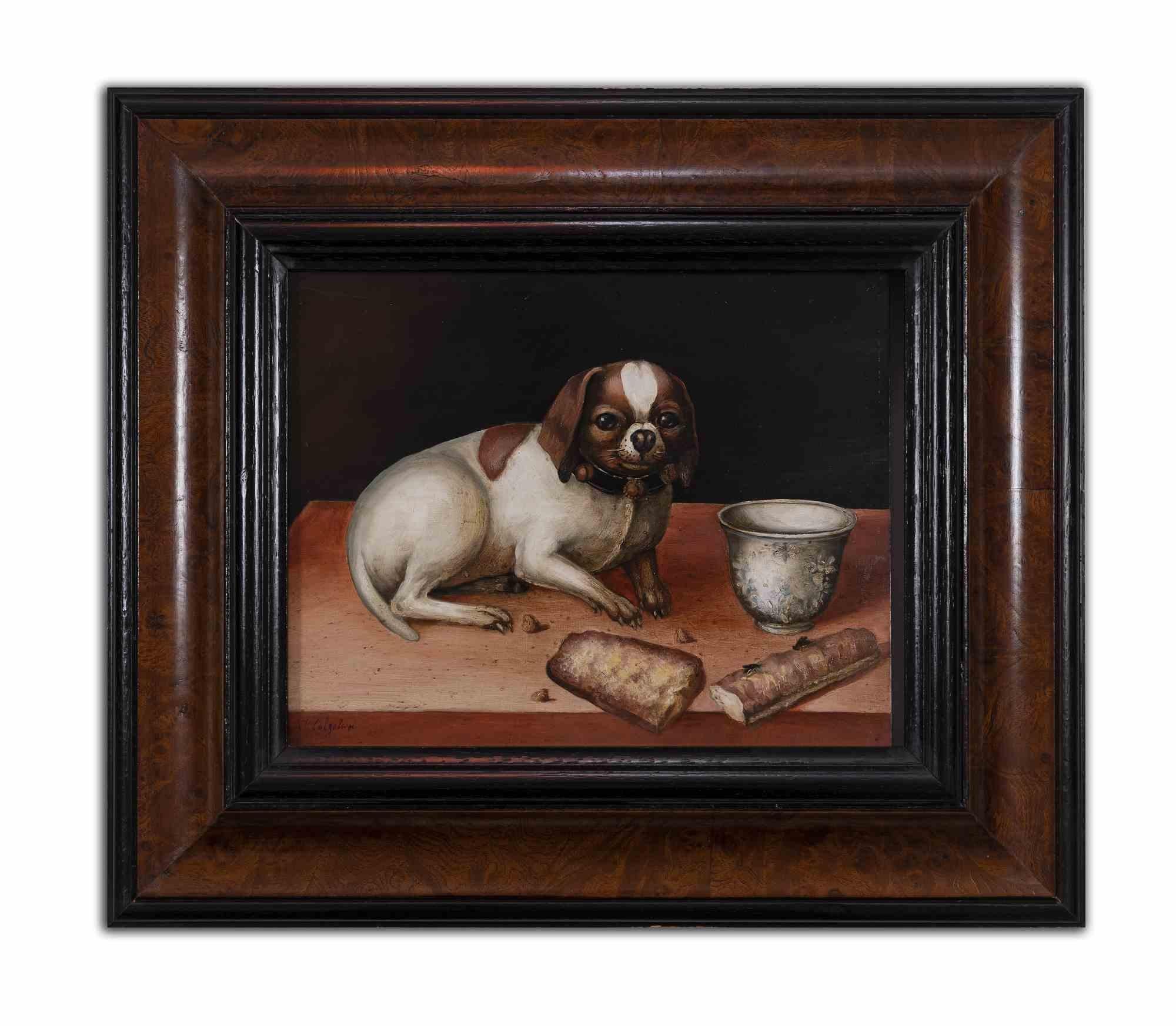 Unknown Animal Painting - Dog - Original oil on Metal - Early 20th Century