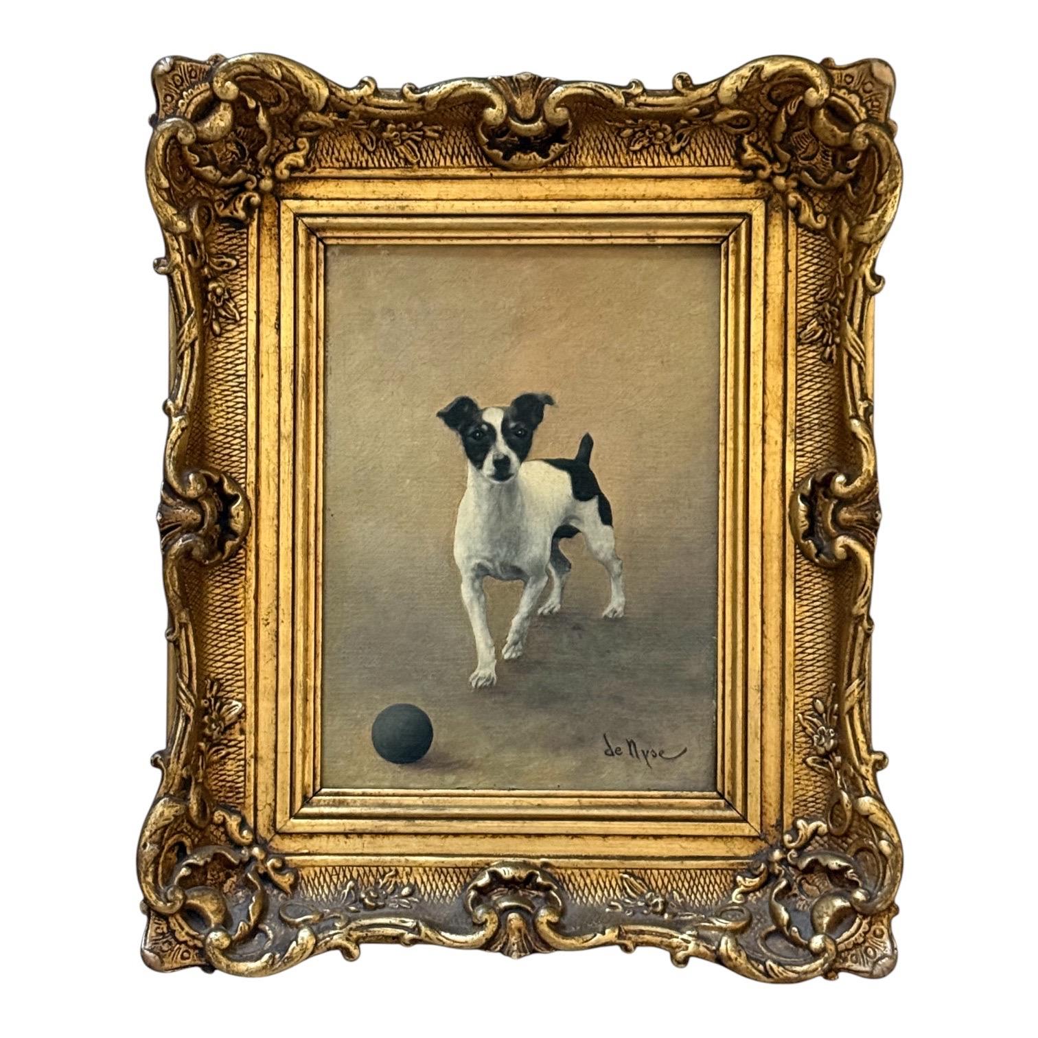 Dog Portrait, Antique Oil Painting of a Black & White Terrier or Jack Russell
