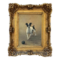 Dog Portrait, Antique Oil Painting of a Black & White Terrier or Jack Russell