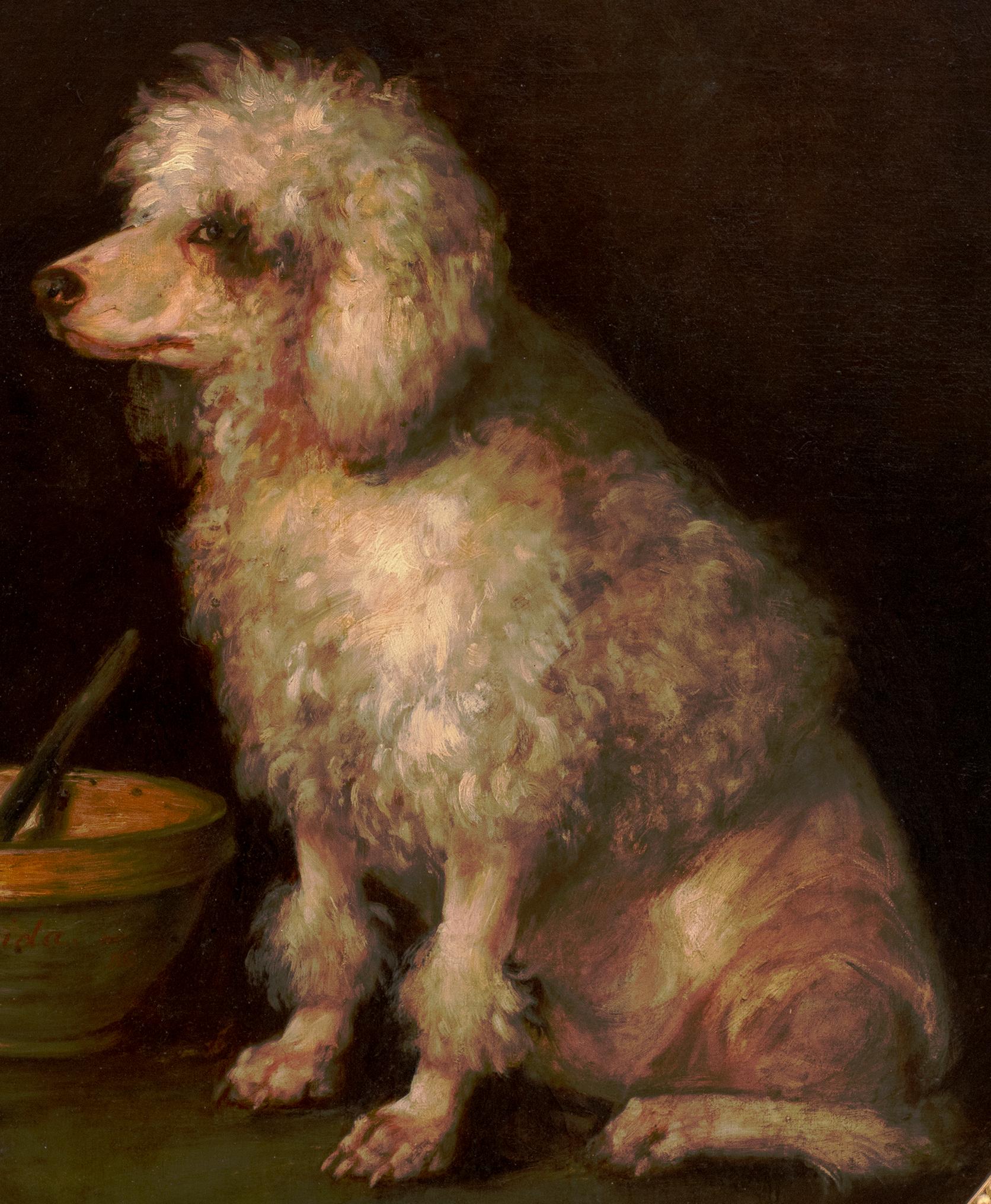 Grande quadro antico del XIX secolo raffigurante un cane barboncino con la scritta 