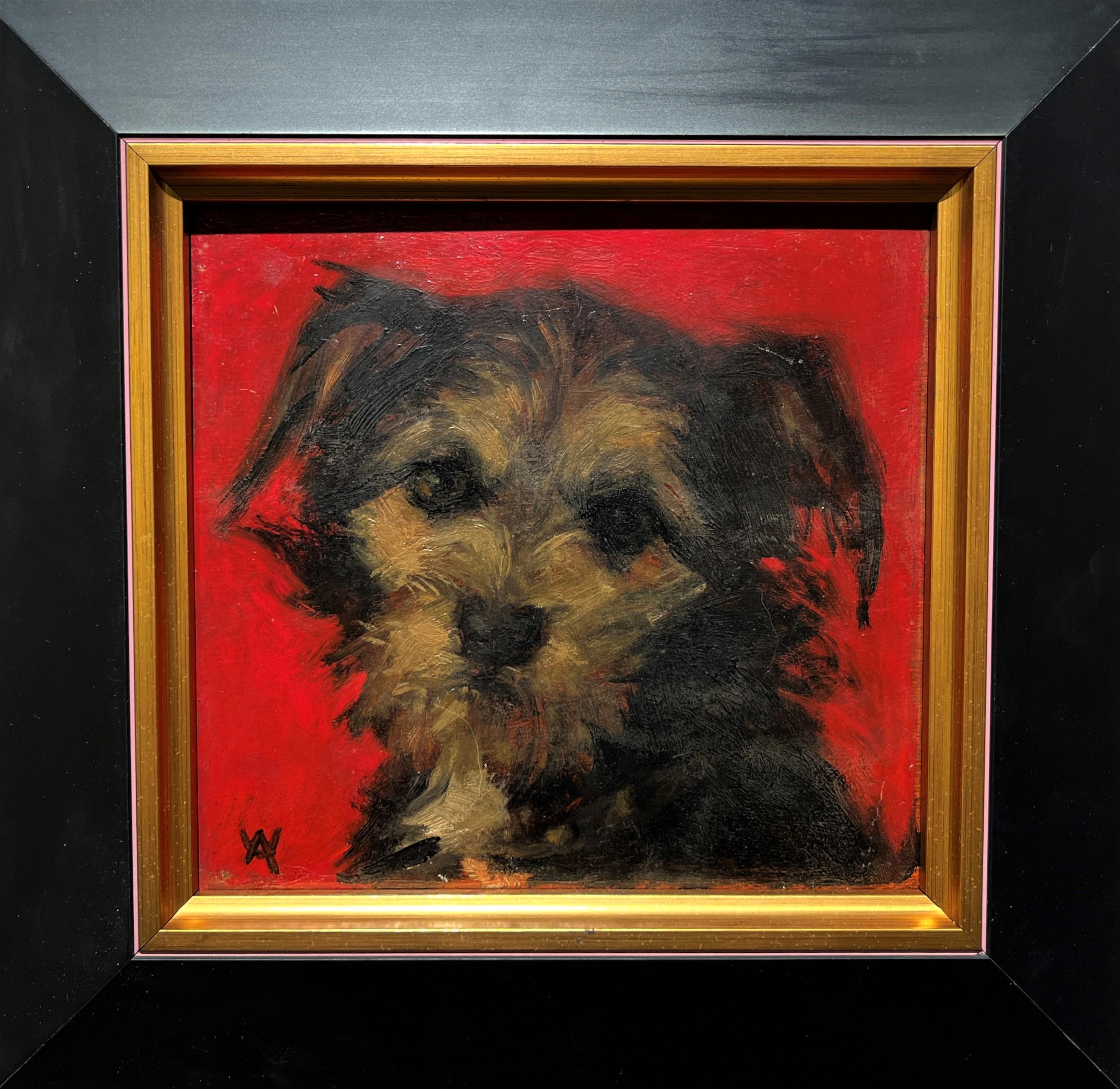 Portrait d'un terrier sur fond rouge, vers 1910 - Painting de Unknown