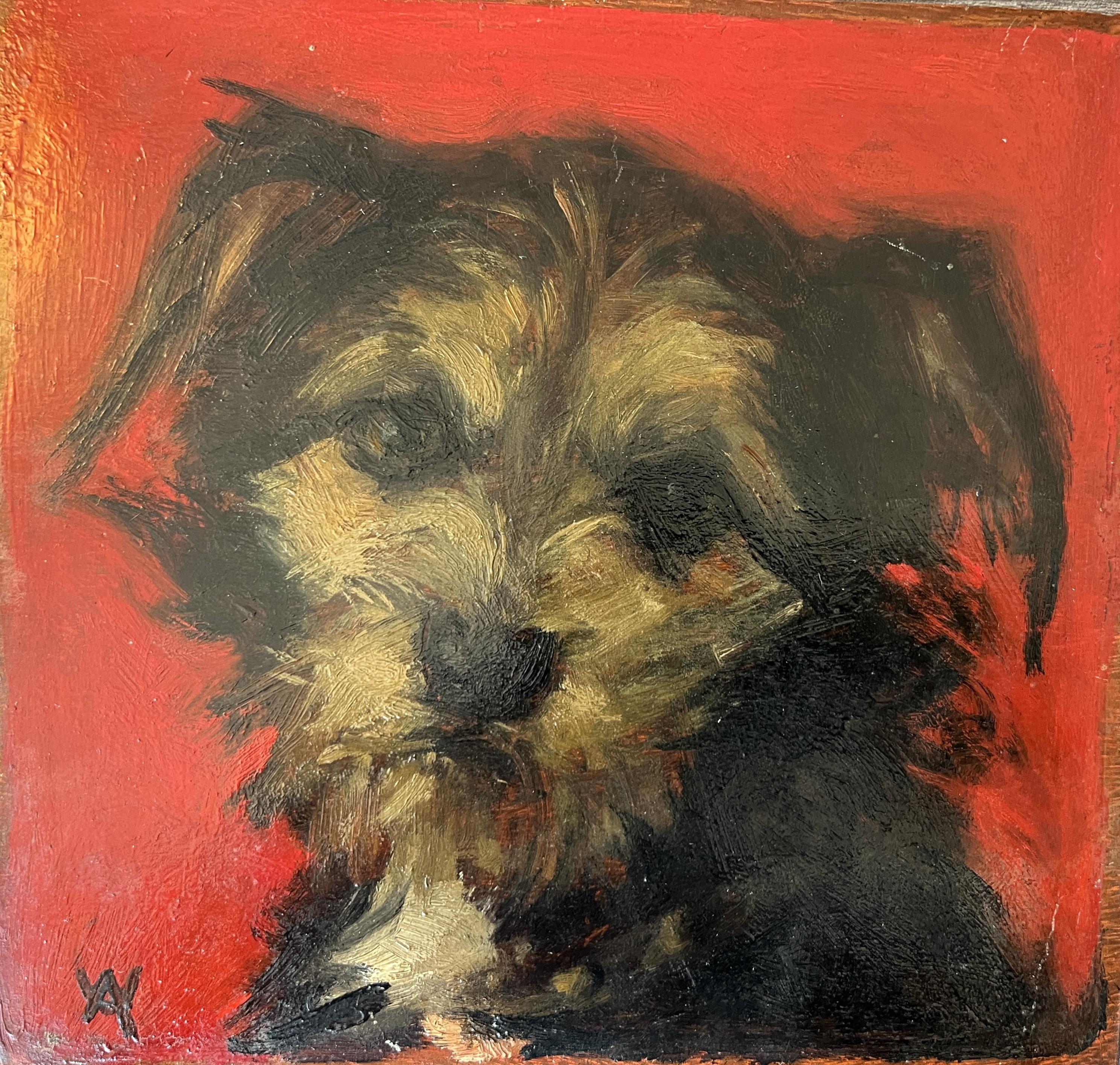 Portrait d'un terrier sur fond rouge, vers 1910 - Réalisme Painting par Unknown