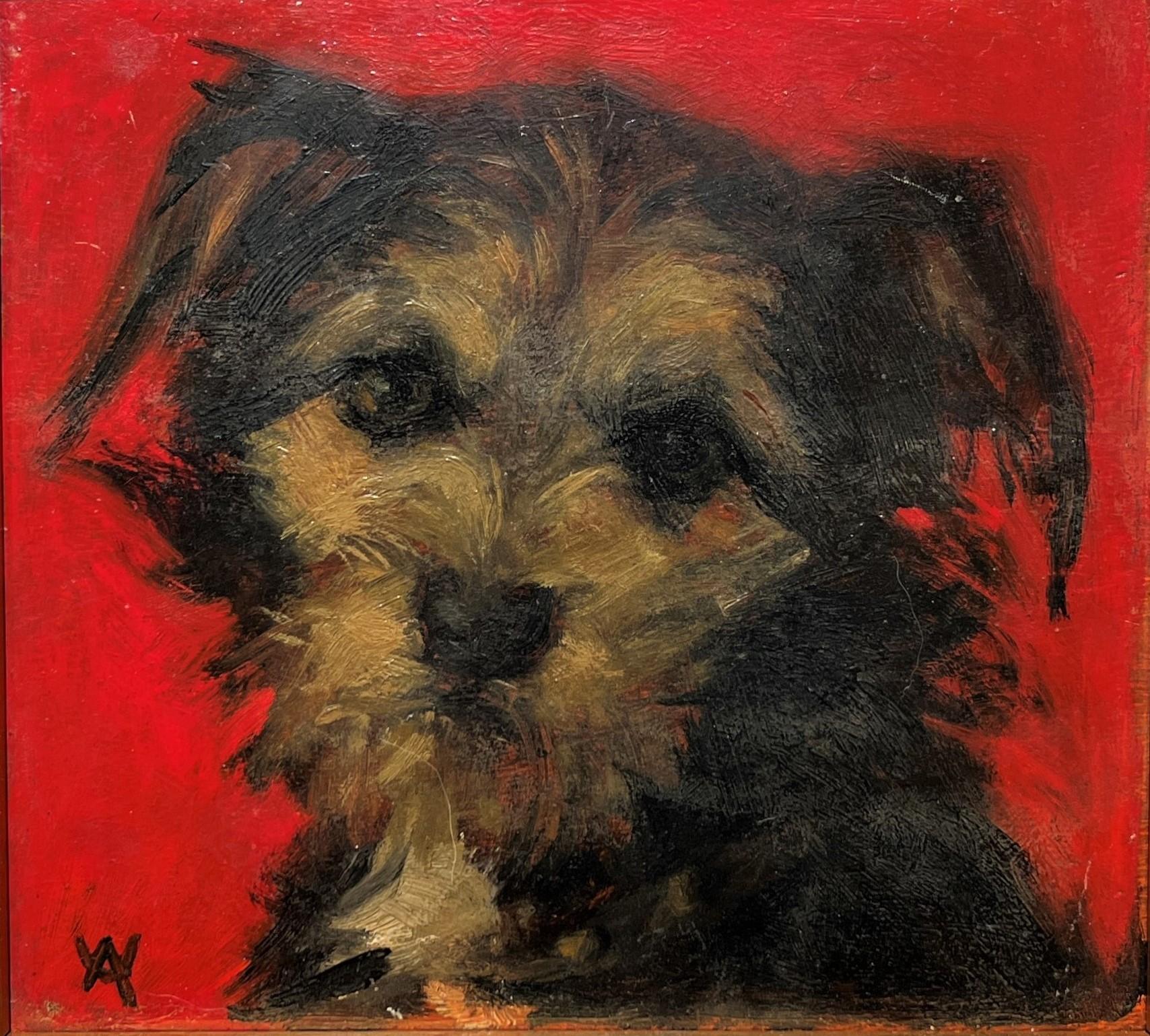 Portrait d'un terrier sur fond rouge, vers 1910 - Noir Animal Painting par Unknown