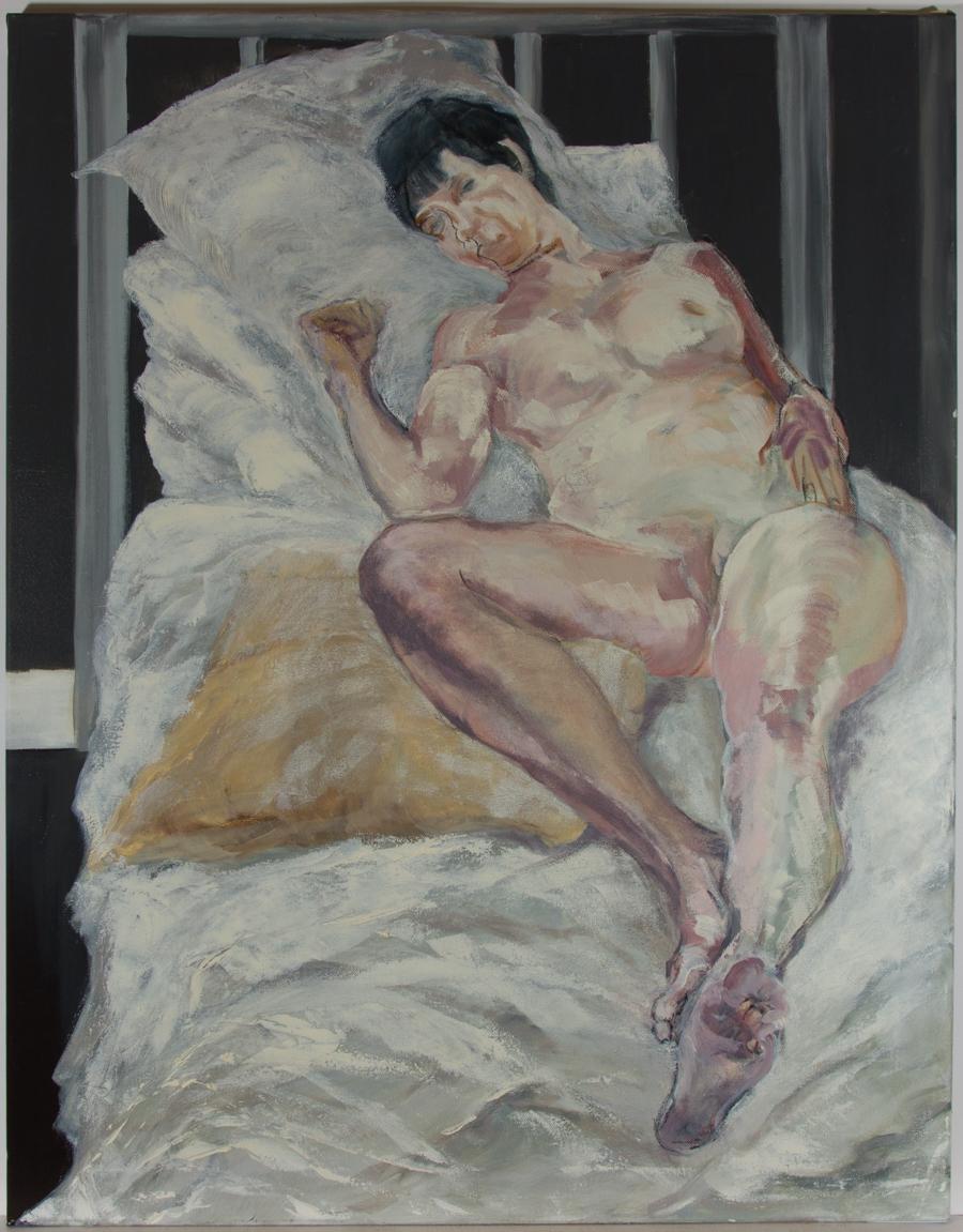 Unknown Nude Painting – Hemming - 2016 Öl, Akt, liegend auf einem Bett