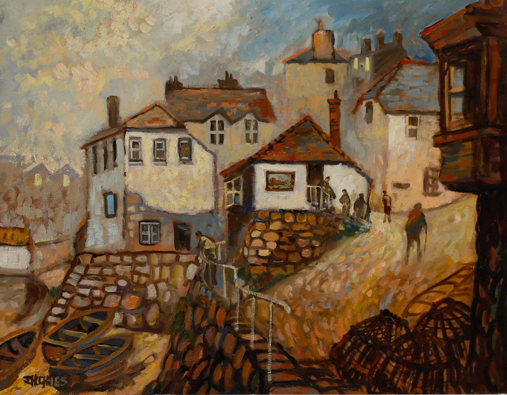 Don Hughes (nato nel 1933) - Olio del XX secolo incorniciato, Scena del porto del Sud Ovest - Painting di Unknown