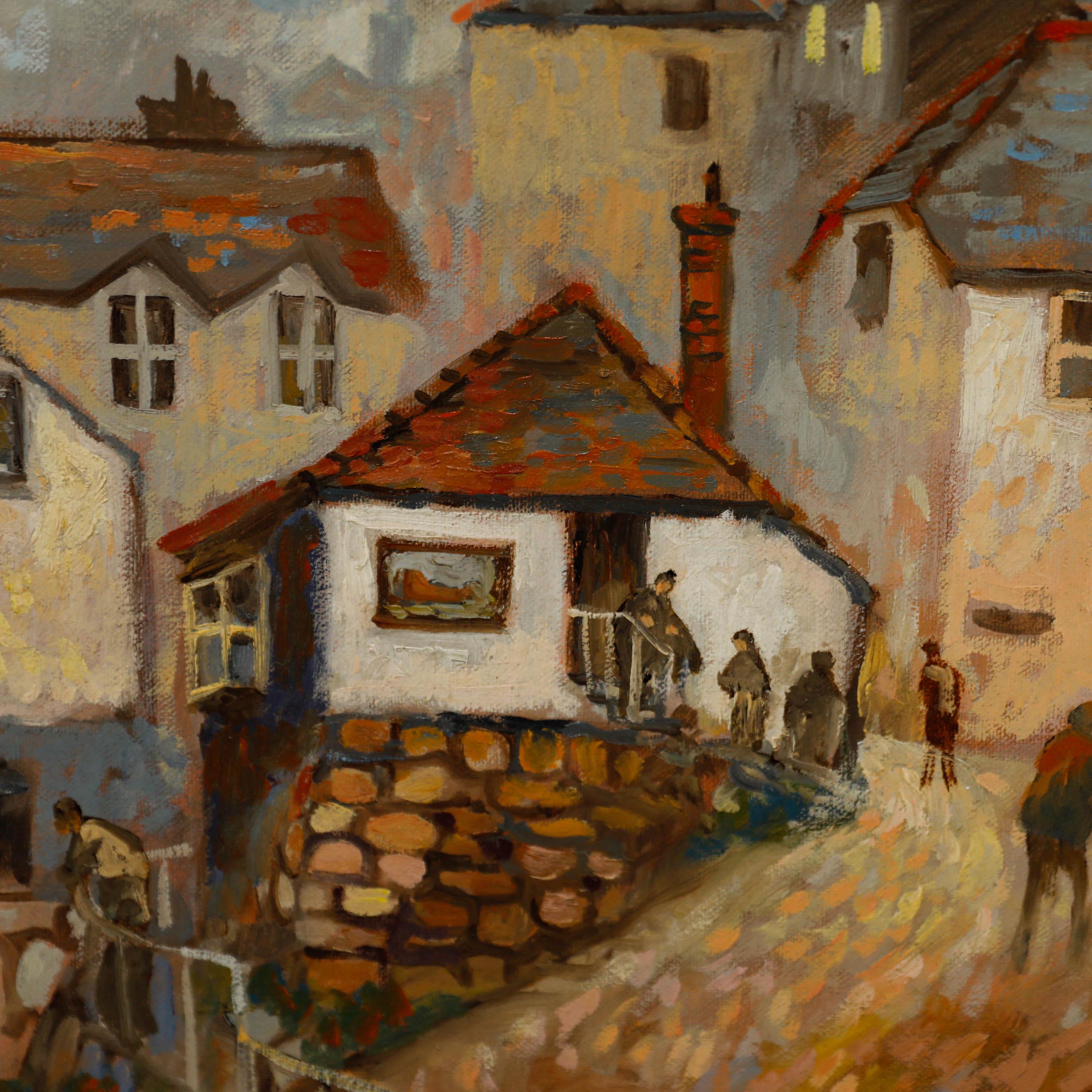 Questo dipinto impressionista di Don Hughes cattura il fascino caratteristico di un porto del Sud Ovest. La composizione bilancia abilmente l'architettura rustica con gli elementi marittimi, con edifici danneggiati dalle intemperie, muri in pietra e