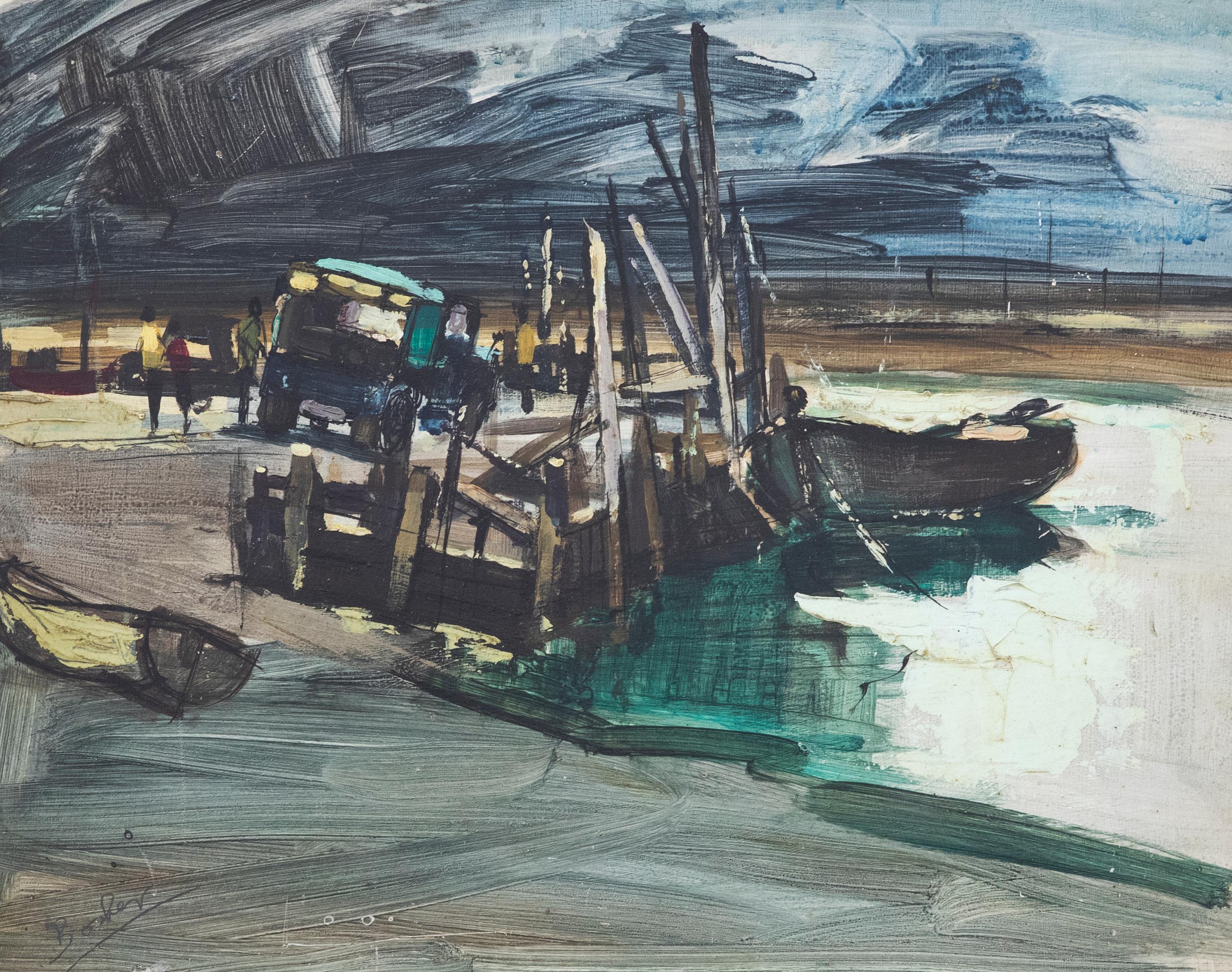 Donald Bosher (1912-1977) - Mid 20th Century Oil, Estuary Scene with Moored Boat - Painting by Unknown