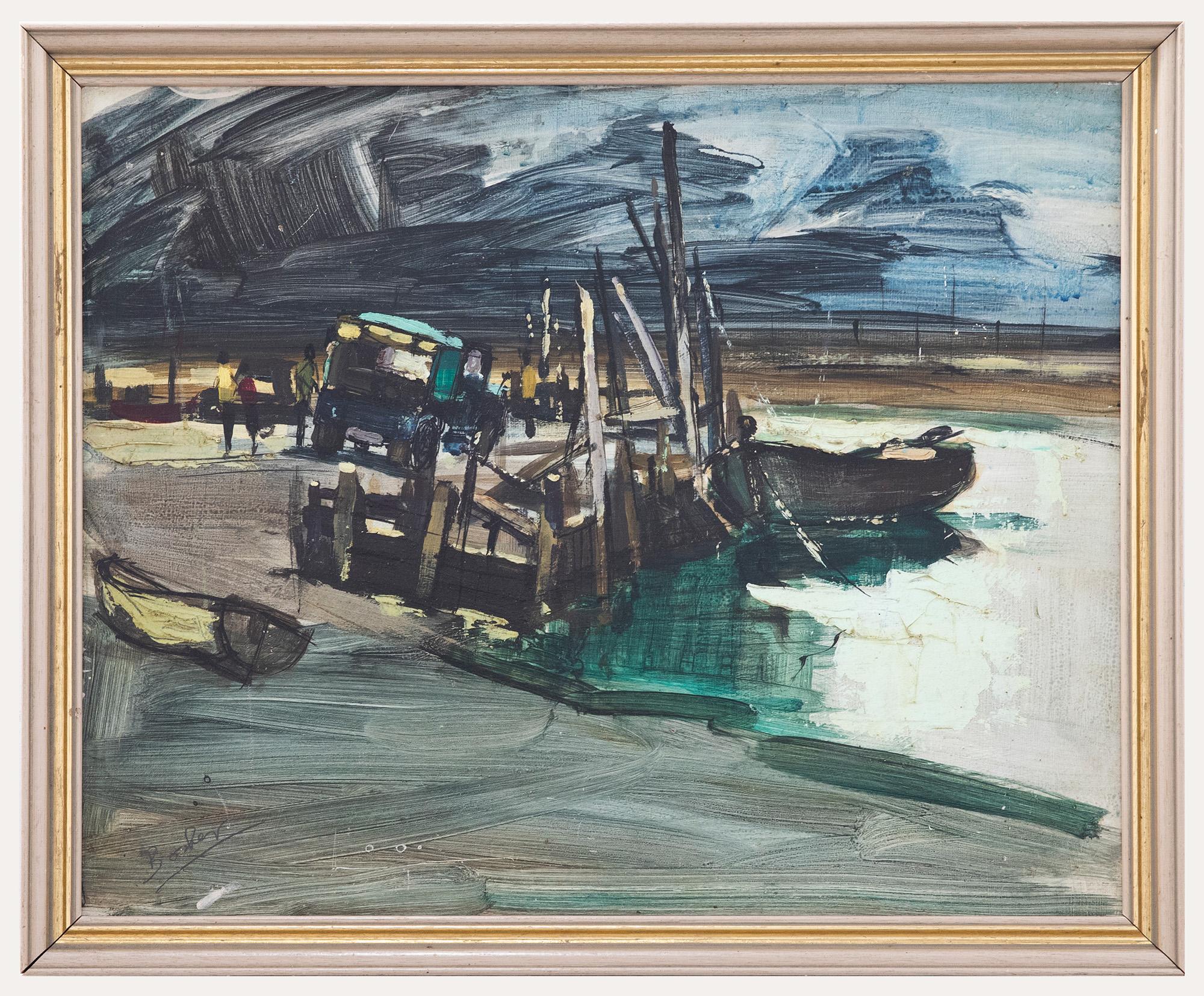 Unknown Abstract Painting - Donald Bosher (1912-1977) - Mid 20th Century Oil, Estuary Scene with Moored Boat
