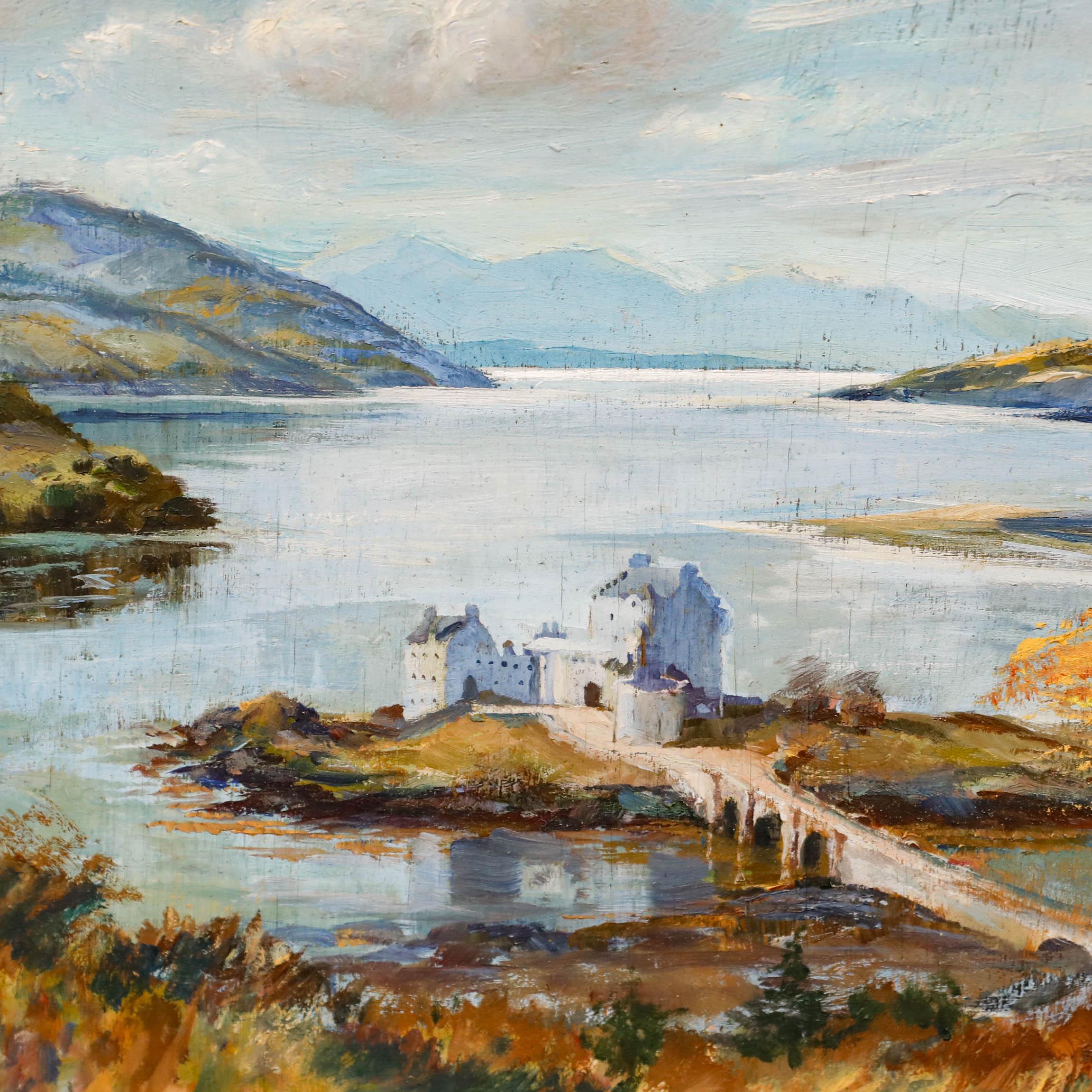 This tranquil landscape painting captures the serene beauty of Scottish Loch Duich with Eilean Donan castle at the centre.

Signed to the lower right. Presented in a swept gilt frame with pierced details. On board. 