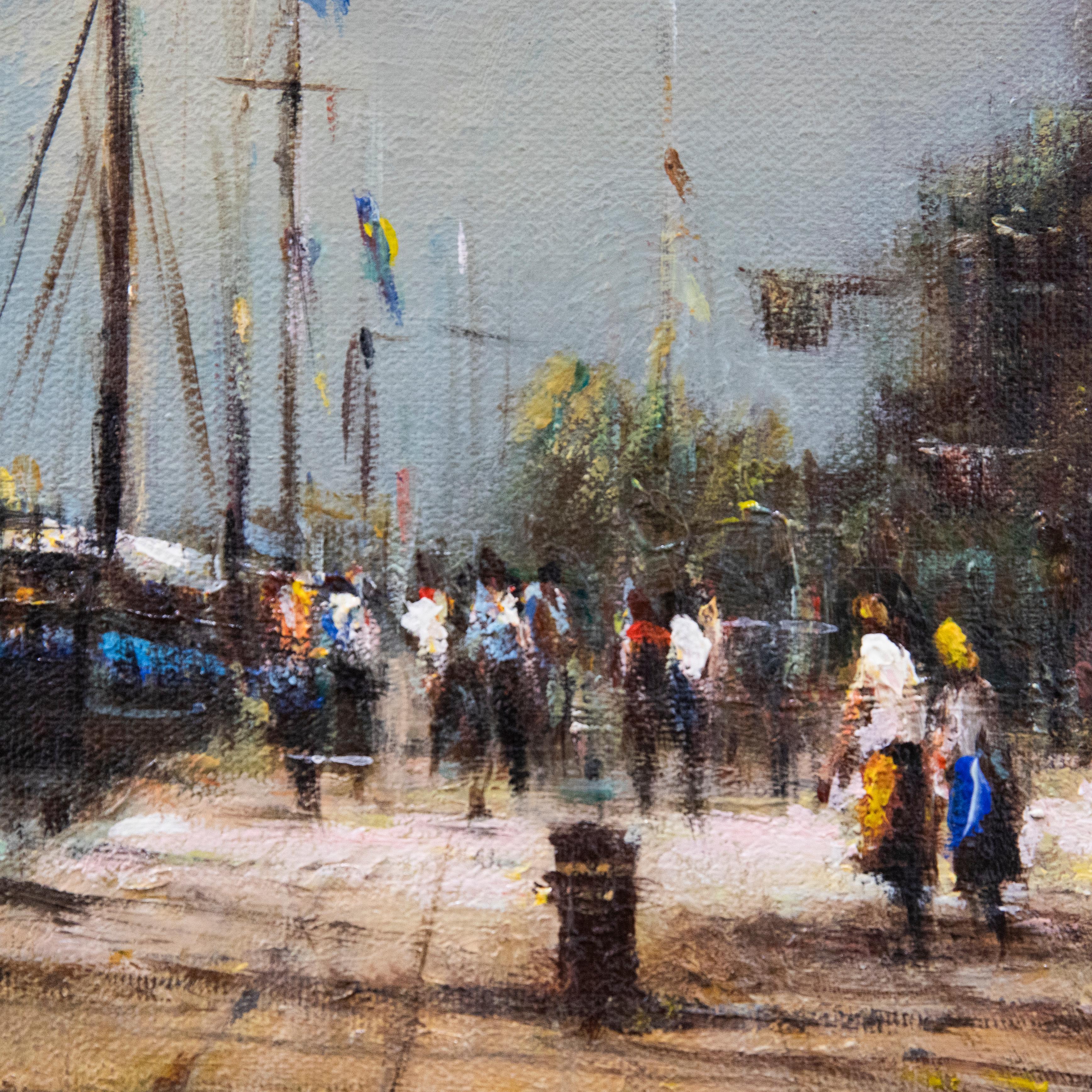 Une peinture à l'huile originale de Donald Stockton-Smith, représentant le port de Honfleur dans une lumière dynamique. L'huile a été bien présentée dans un cadre contemporain vert et doré. Signé par l'artiste en bas à gauche. Sur toile sur châssis. 