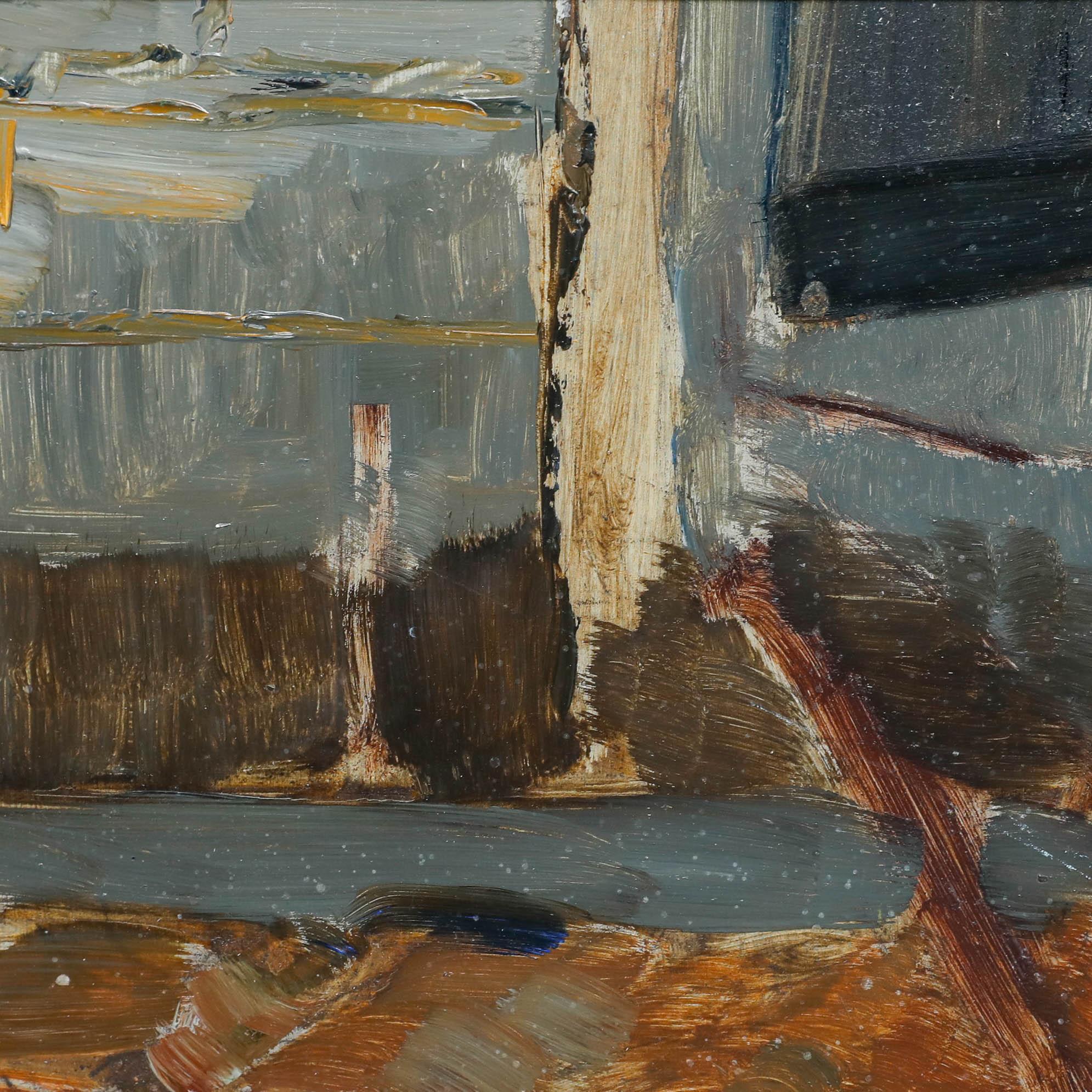 Questo dipinto astratto a olio utilizza una tavolozza di toni della terra e grigi per rappresentare uno spazio frammentato e architettonico. La composizione è suddivisa in forme e linee angolari, che suggeriscono una scena interna o elementi