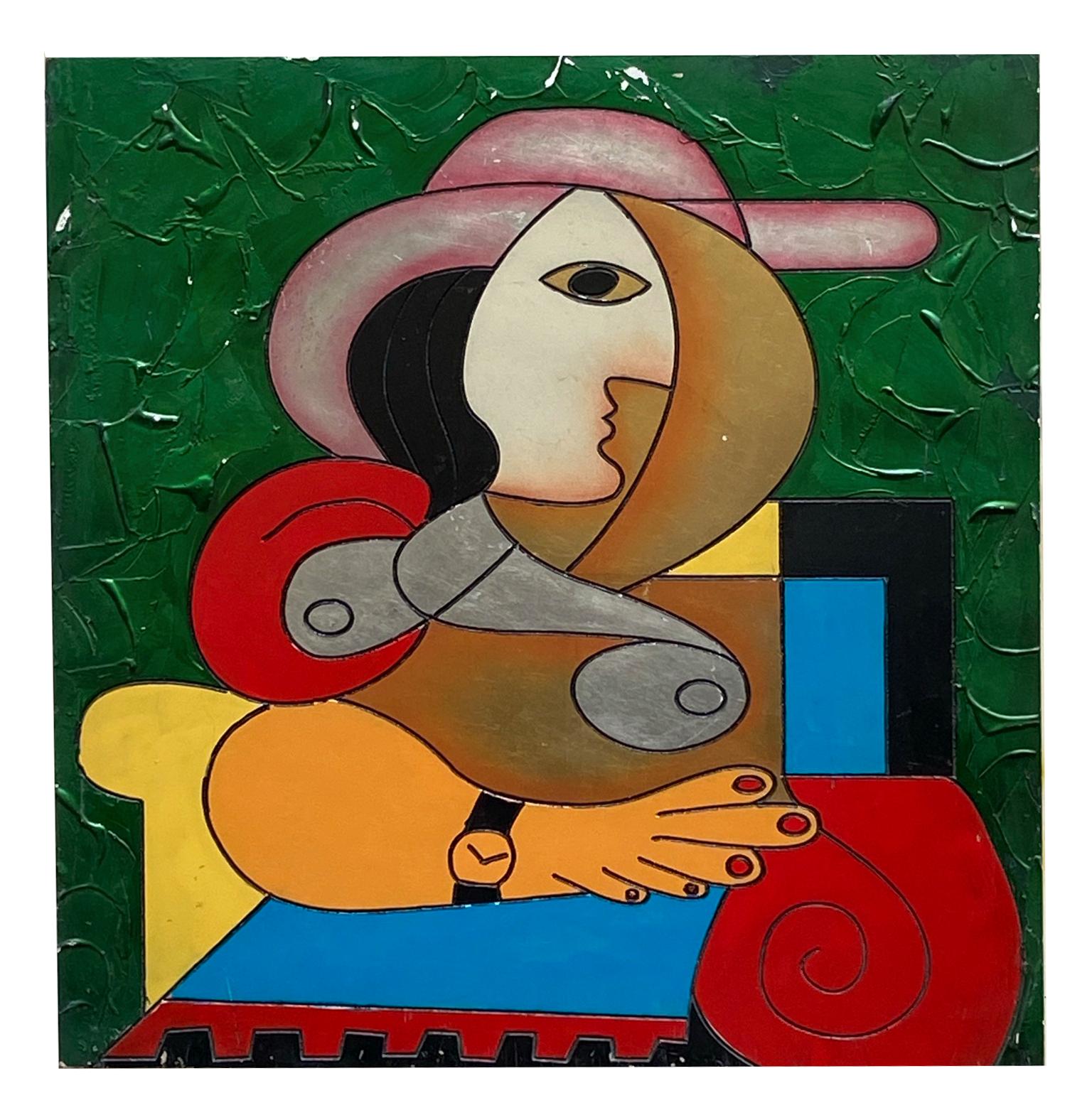 Unknown Figurative Painting - WOMAN WITH CLOCK - Mixed media on panel, homage to Picasso