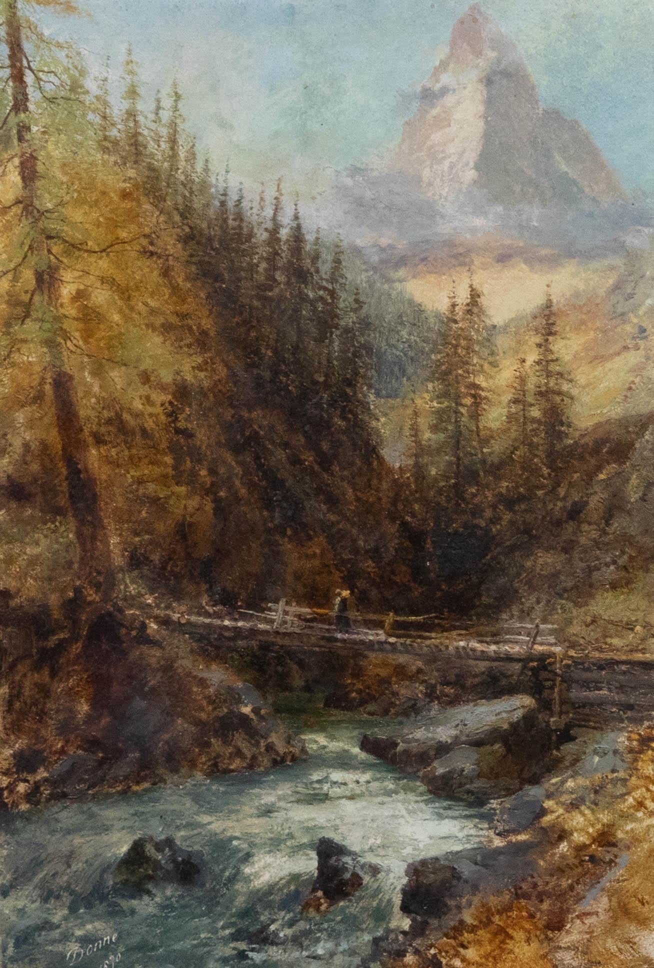 Donne  - 1870 Oil, Mountain Bridge - Painting by Unknown