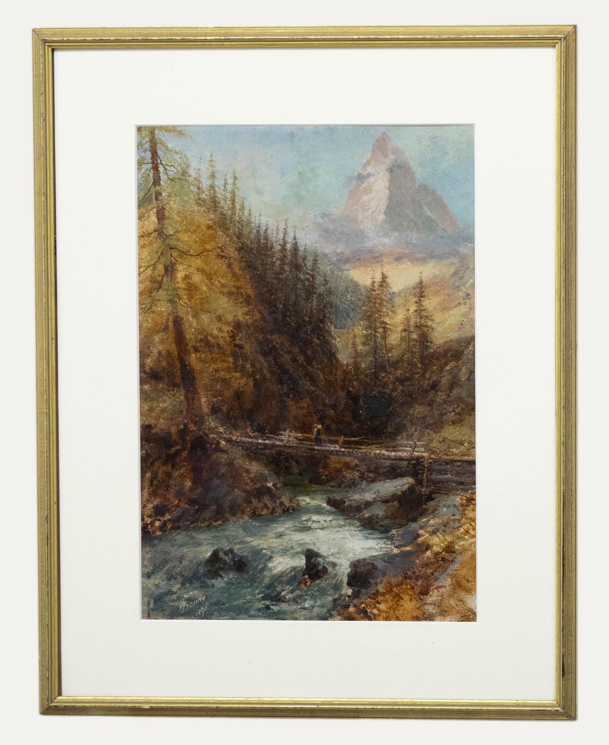 Unknown Landscape Painting - Donne  - 1870 Oil, Mountain Bridge