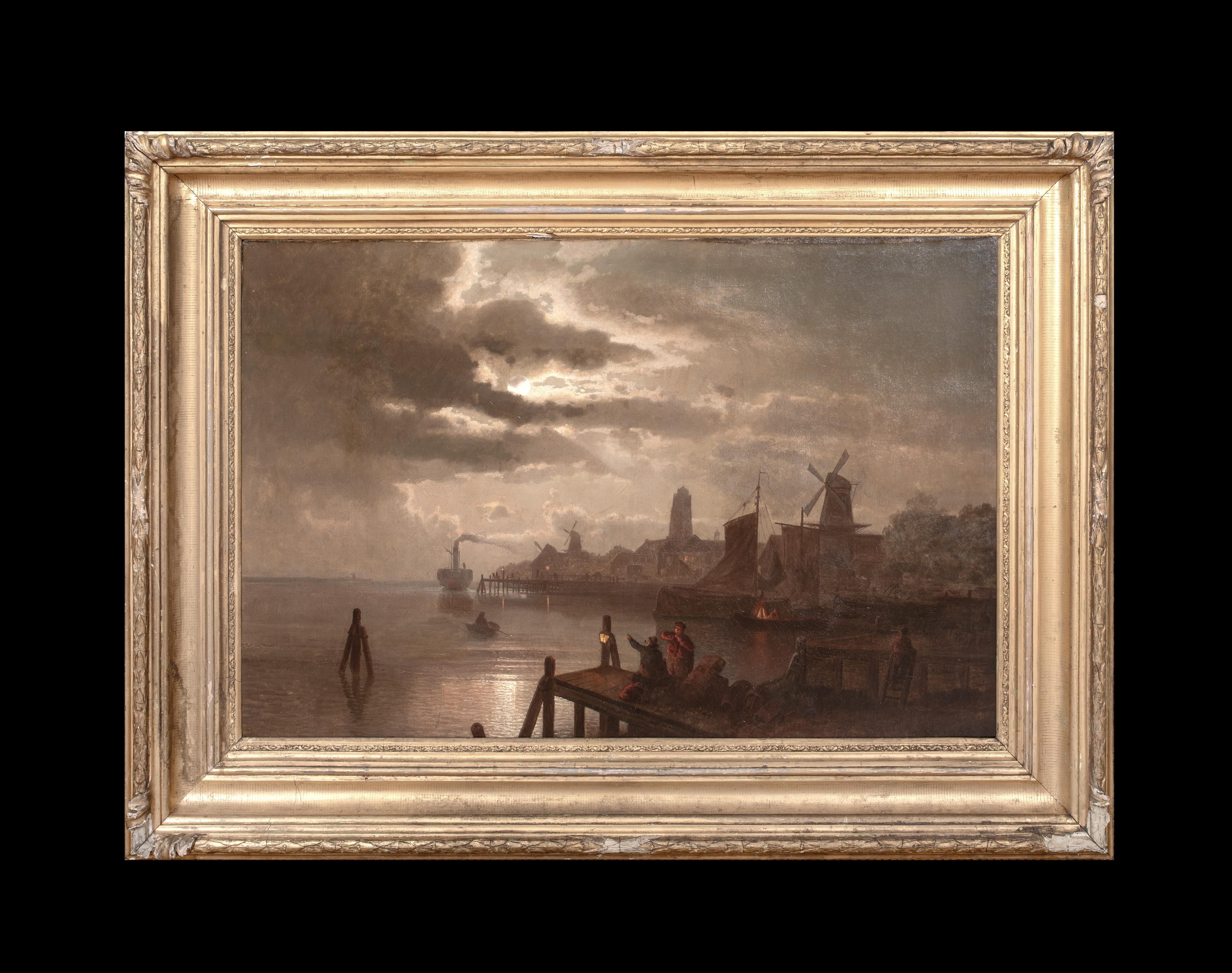 Dordrecht, Holland, Moonlit Landscape, 19th Century Felix KREUTZER (1835-1876) - Painting by Unknown