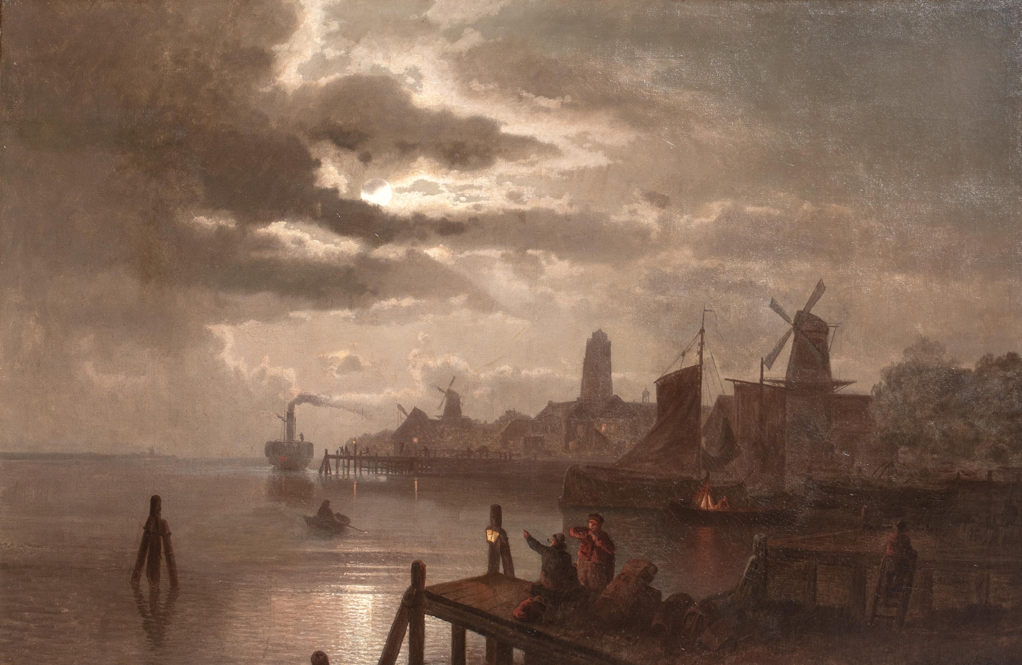 Dordrecht, Holland, Moonlit Landscape, 19th Century Felix KREUTZER (1835-1876) - Brown Landscape Painting by Unknown