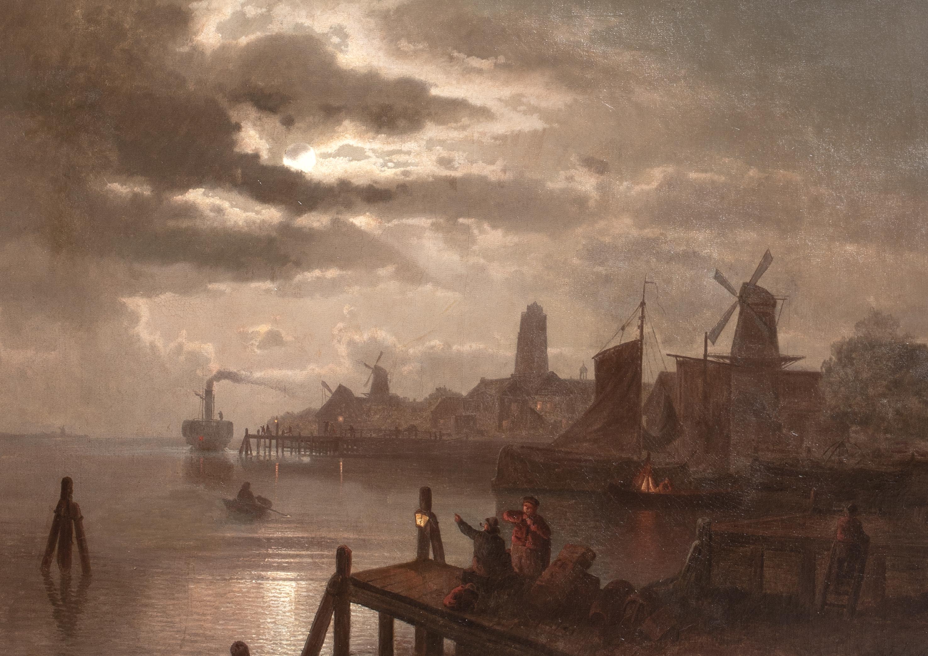 Dordrecht, Holland, Moonlit Landscape, 19th Century Felix KREUTZER (1835-1876) For Sale 1