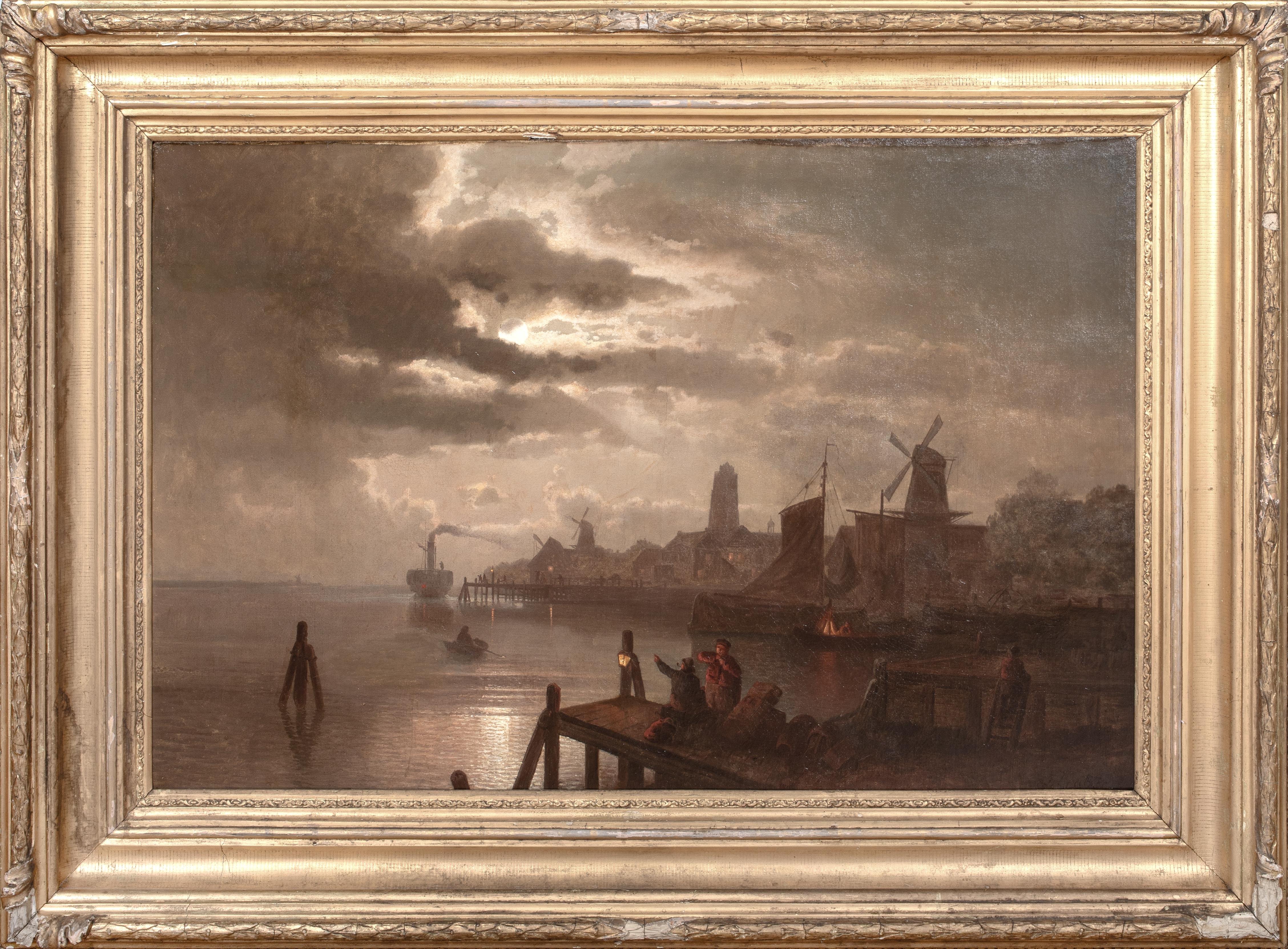 Dordrecht, Holland, Moonlit Landscape, 19th Century Felix KREUTZER (1835-1876)