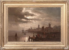 Dordrecht, Holland, Moonlit Landscape, 19th Century Felix KREUTZER (1835-1876)
