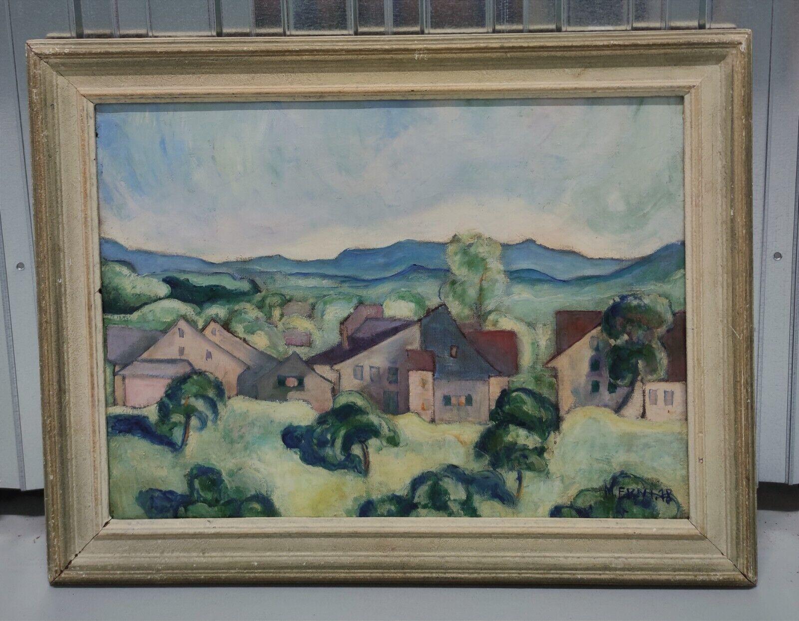 Village Hilly Landscape Signed M Erni Dated 18 - Painting by Unknown