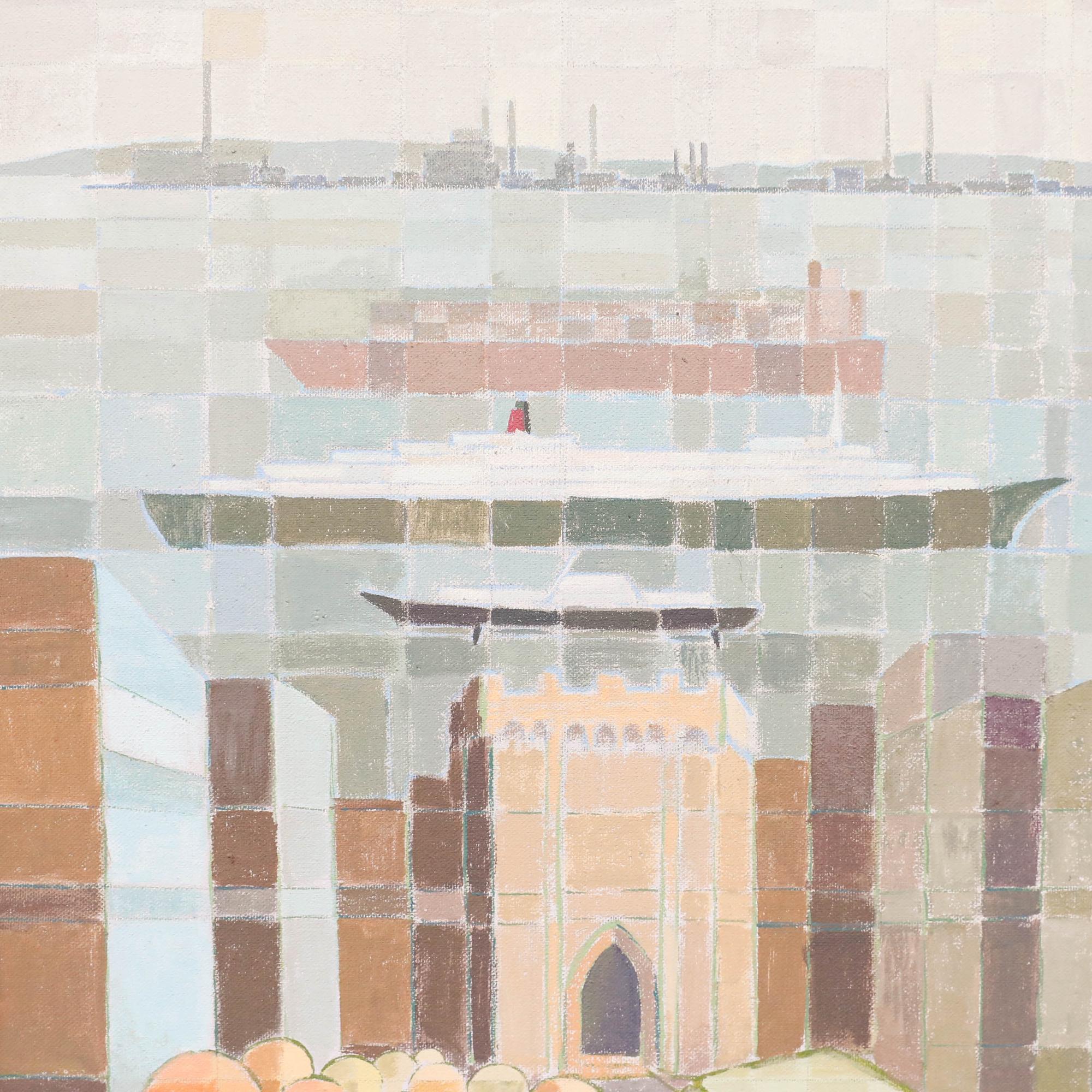 Eine abstrakte Industrielandschaft mit Schiffen der Künstlerin Doris E. Scotts. Mit einer geometrischen, mosaikartigen Technik und einer gedämpften Farbpalette schafft Scotts eine surreale Erzählung, in der architektonische Formen im Vordergrund mit