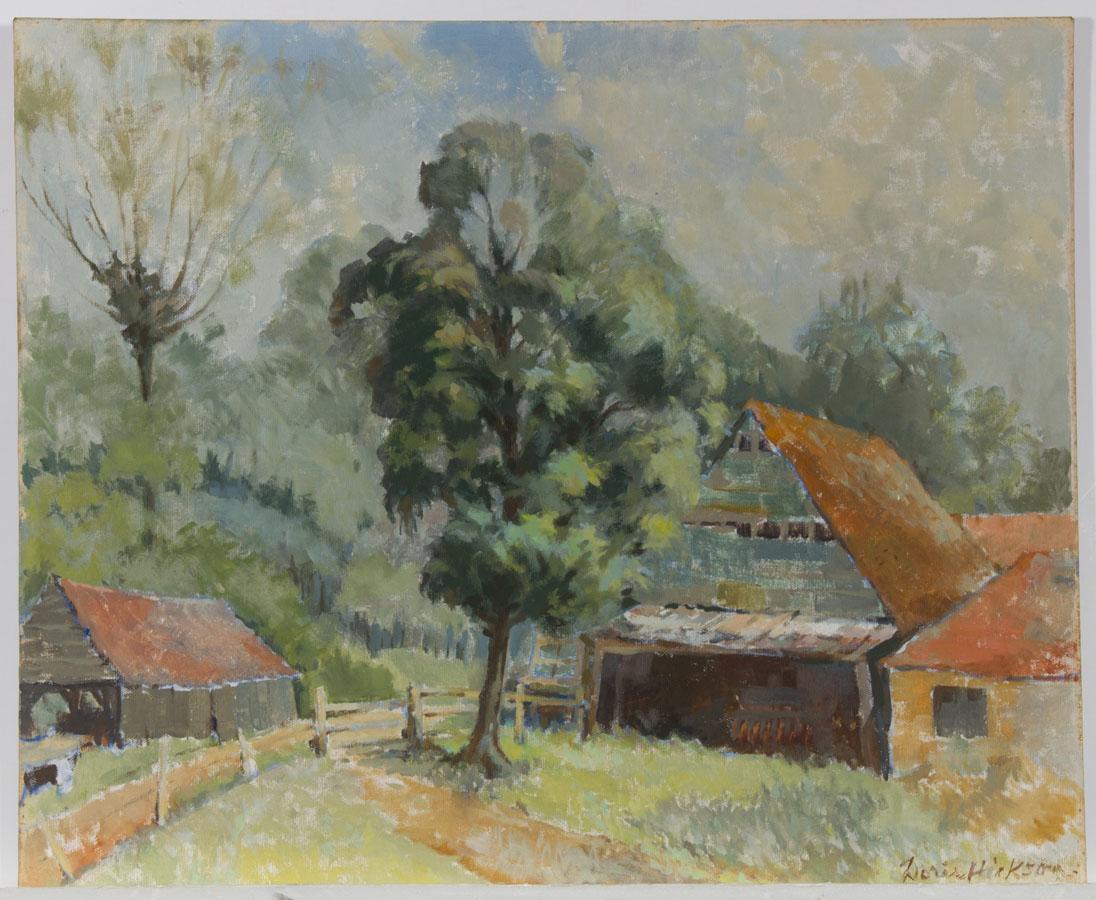 Doris Hickson, huile du milieu du 20e siècle, paysage de bois avec ferme - Painting de Unknown