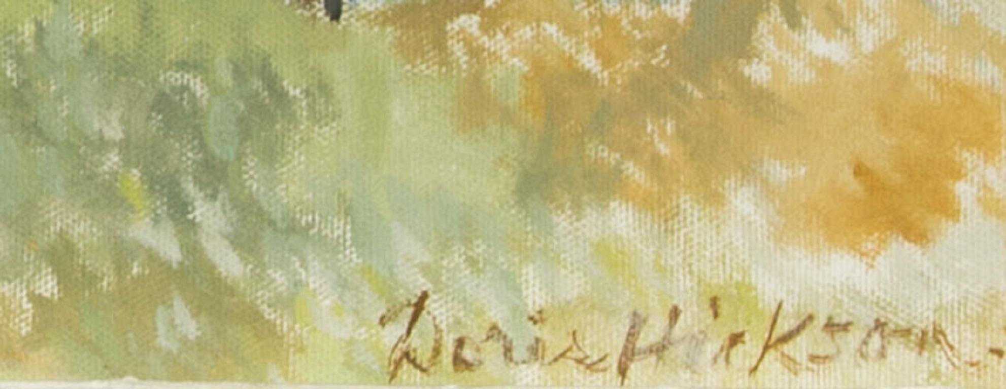 Doris Hickson, huile du milieu du 20e siècle, paysage de bois avec ferme - Beige Landscape Painting par Unknown