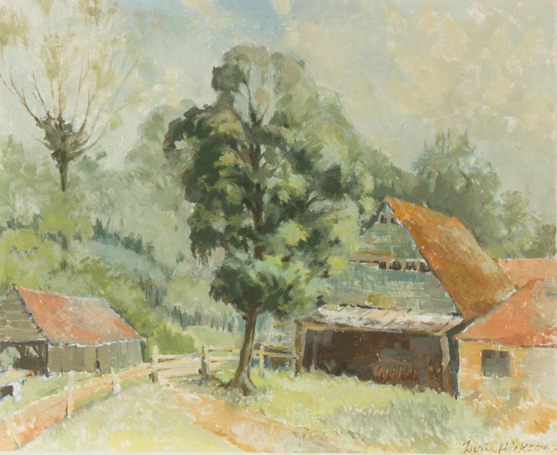 Landscape Painting Unknown - Doris Hickson, huile du milieu du 20e siècle, paysage de bois avec ferme