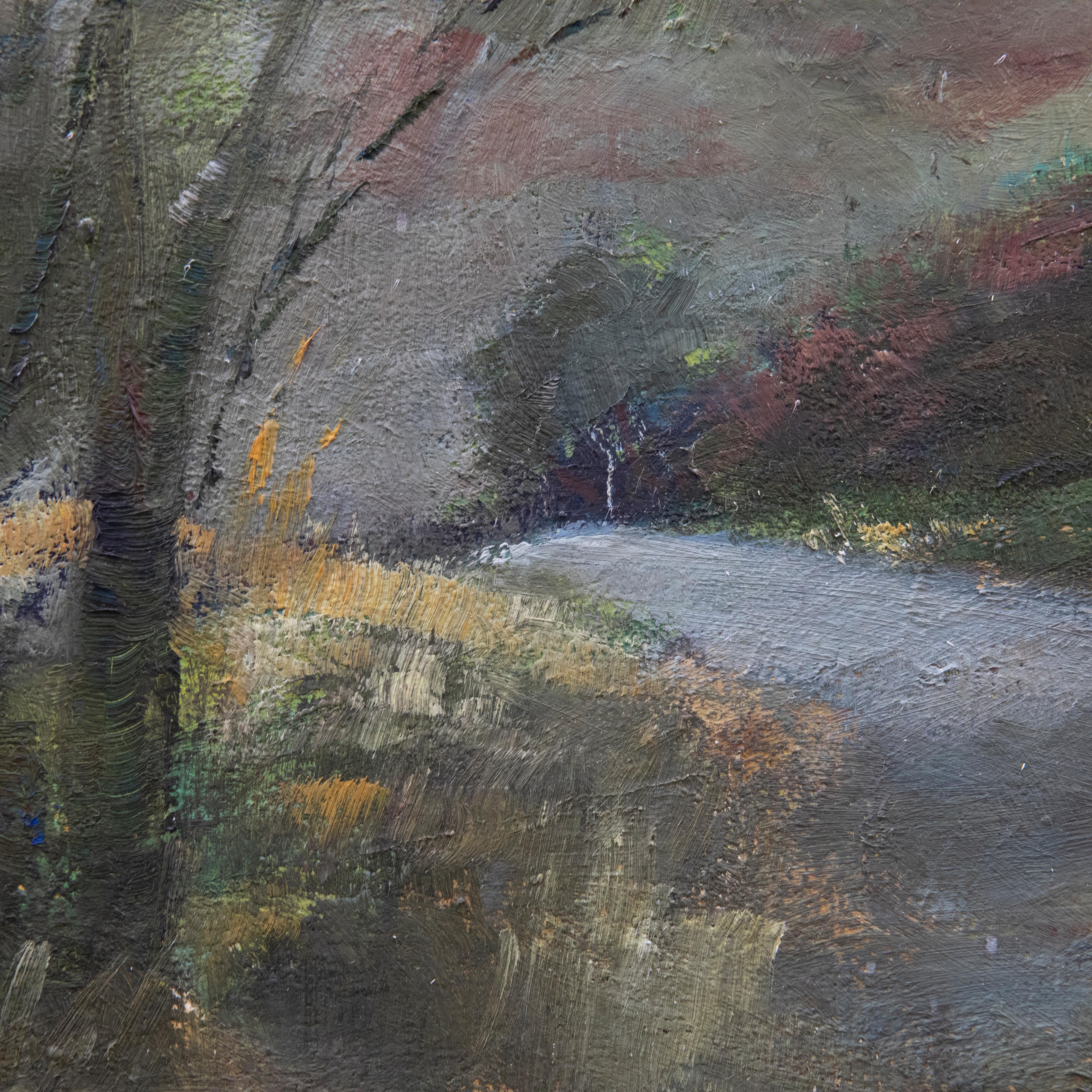 Un dipinto originale di Dorothy Fairweather-Walker che raffigura un panorama invernale vicino a Fawke Common, Sevenoaks, Kent. Ben conservato in una cornice color crema del XX secolo. Siglata e datata (1972) in basso a sinistra. A bordo. 
