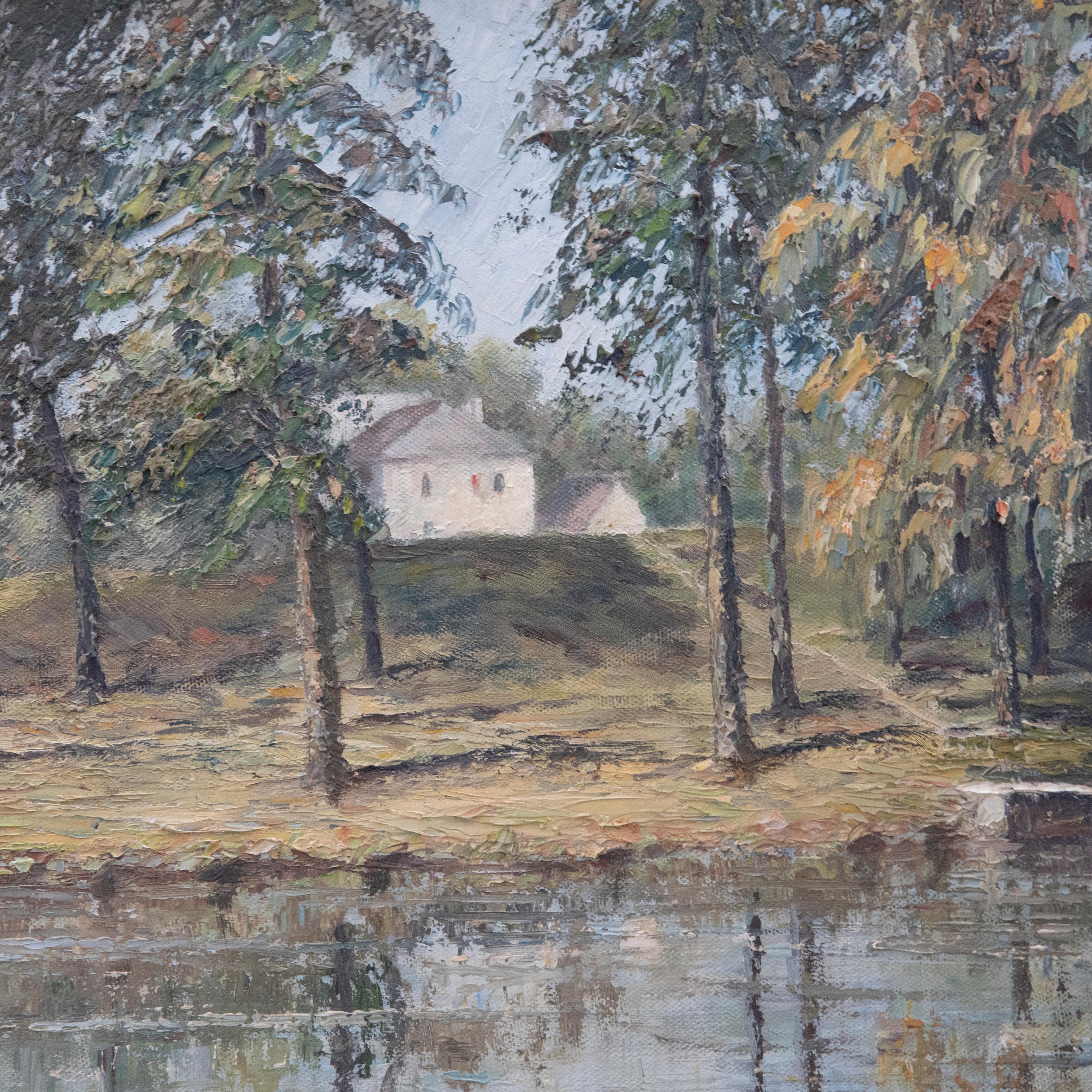 An impressionistic study of Harpenden ponds on the common by the 20th century artist Dorothy Ker Blows. Peeping over the grass bank, Dorothy has captured the large facade of a country house, viewed through summer trees. Well-presented in a