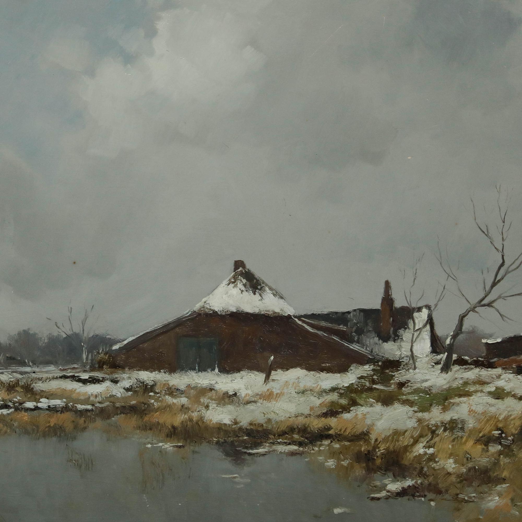 Ein stimmungsvolles Ölgemälde des niederländischen Künstlers Dorus Artistics (1901-1961). Ein bescheidener Bauernhof liegt inmitten einer sumpfigen, schneebedeckten Landschaft. Die Komposition wird jedoch von einem ausgedehnten, düsteren Himmel