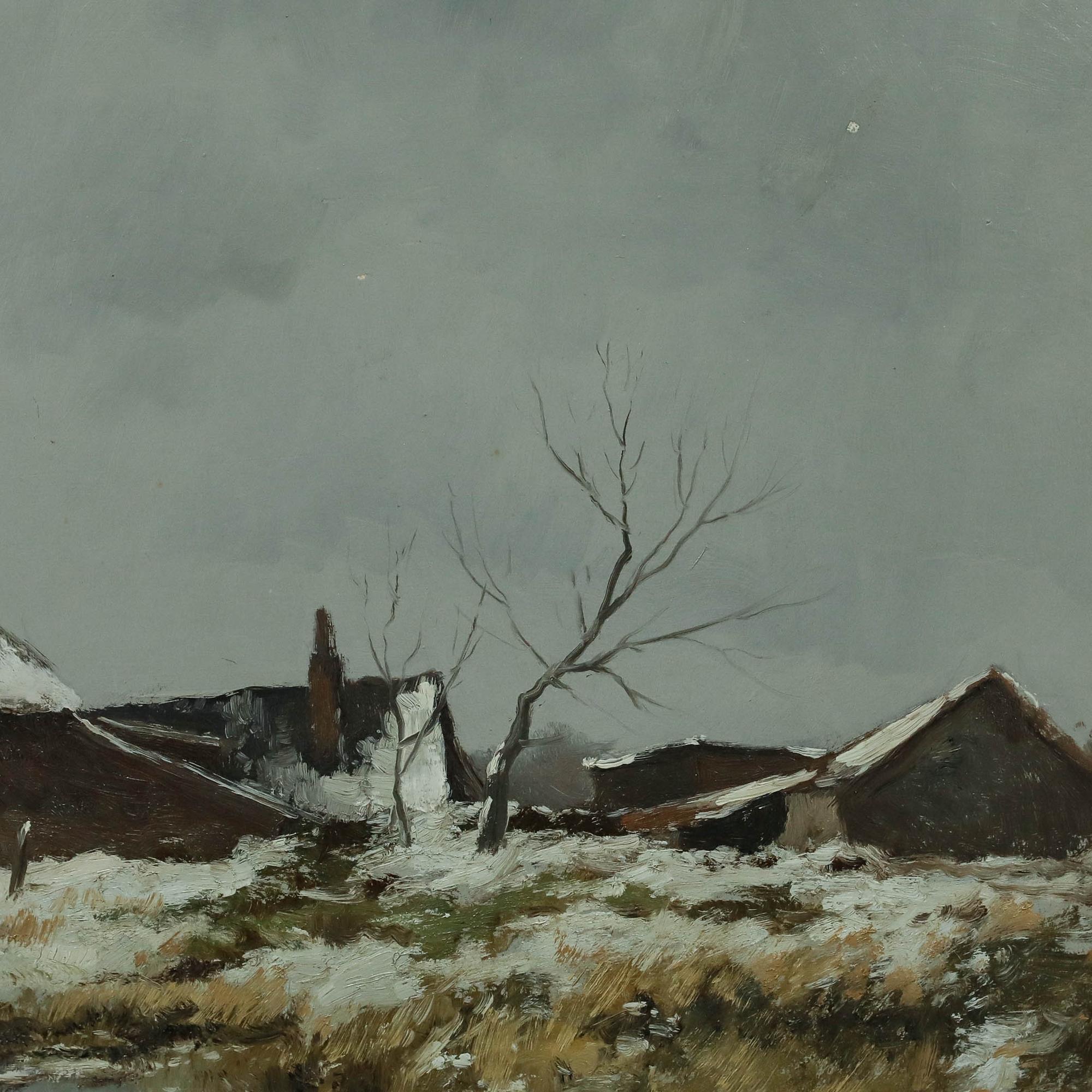 Dorus Arts (1901-1961) - Niederländische Schule Mitte des 20. Jahrhunderts Öl, Ein Bauernhof im Winter im Angebot 1