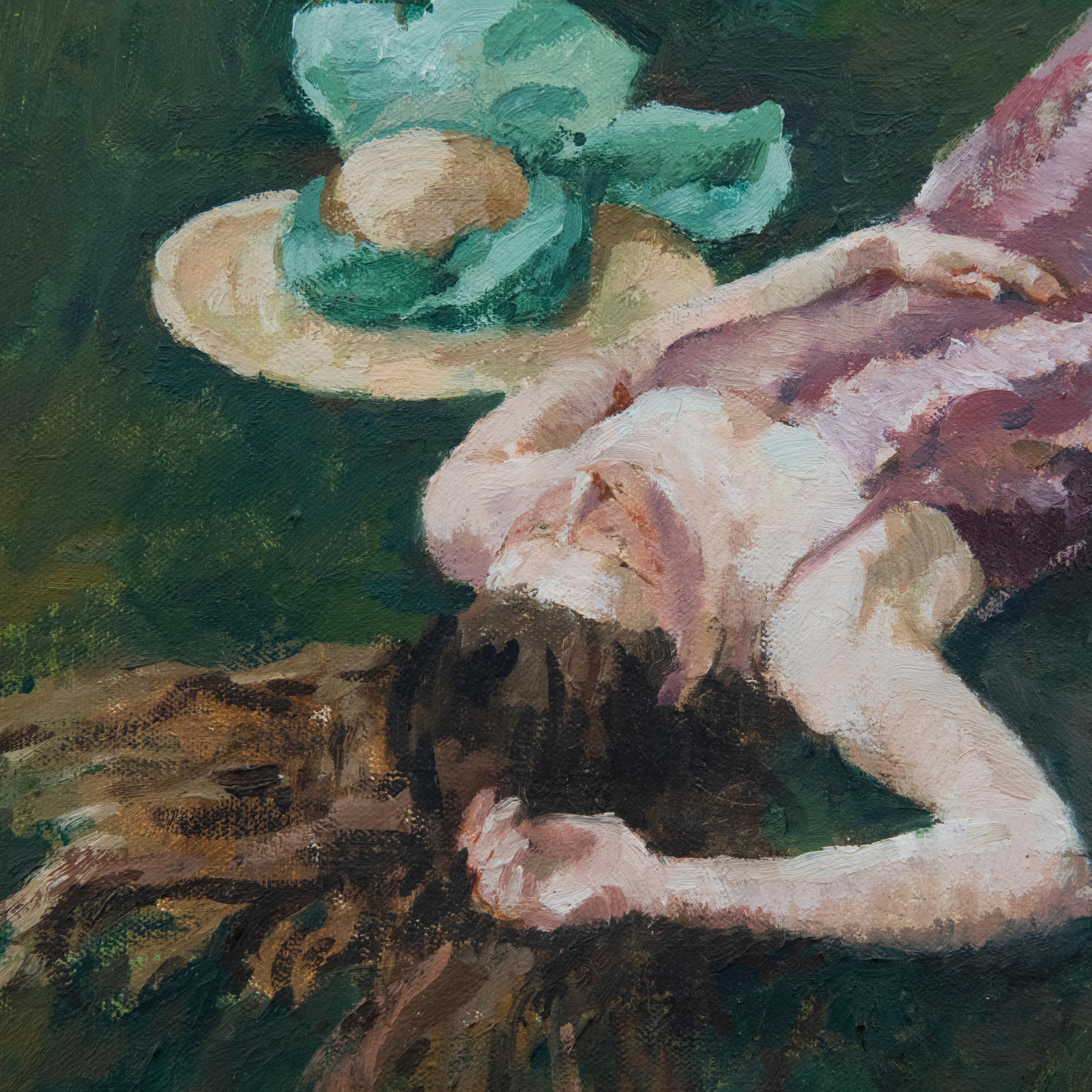 Impressionistische Studie einer jungen Frau beim Sonnenbad auf einer Sommerwiese. Die Sitzende sieht in ihrer Position entspannt aus, ohne Hut und Sandalen, fröhlich im Gras geführt. Auf der Rückseite des Gemäldes befindet sich ein zweites Kunstwerk