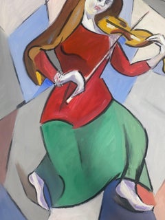 Double-sided  French Modernist Gouache Painting Lady In Red With Violin Abstract