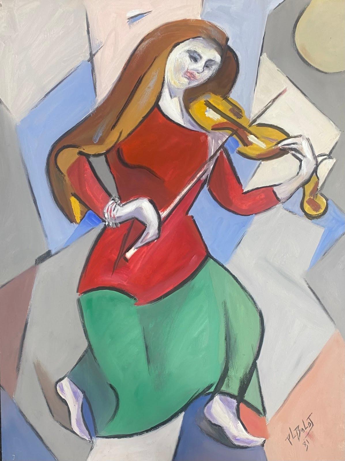 Unknown Figurative Painting - Double-sided  French Modernist Gouache Painting Lady In Red With Violin Abstract