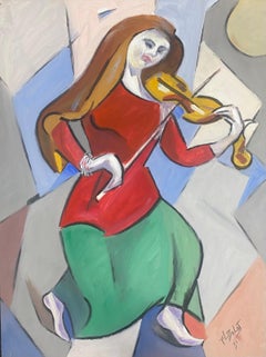 Double-sided  French Modernist Gouache Painting Lady In Red With Violin Abstract