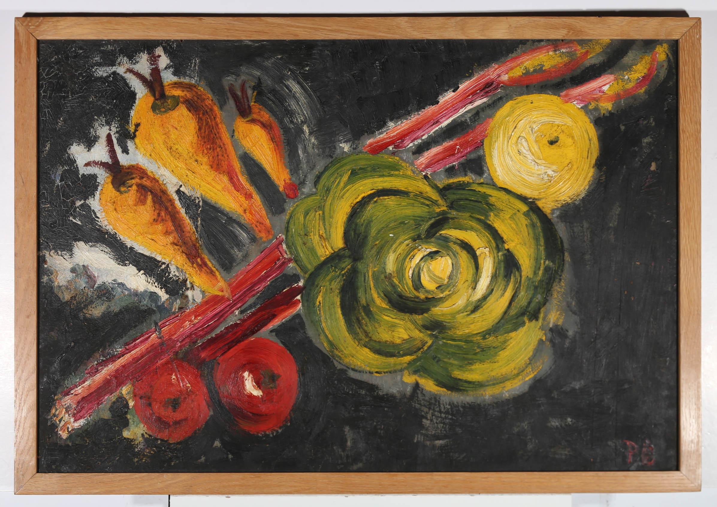 Two charming oil paintings on double-sided board. The first image depicts vibrant abstract vegetables painted expressively onto a dark background. To the reverse the artist has painted a still life study of a vase of flowers in a similar expressive