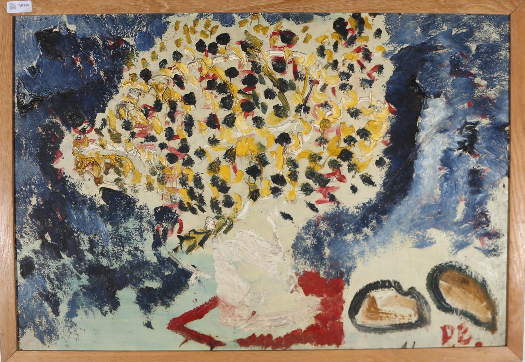 Zwei charmante Ölgemälde auf doppelseitigem Karton. Das erste Bild zeigt lebhaftes abstraktes Gemüse, das ausdrucksstark auf einen dunklen Hintergrund gemalt wurde. Auf der Rückseite hat der Künstler eine Stilllebenstudie einer Blumenvase in einem