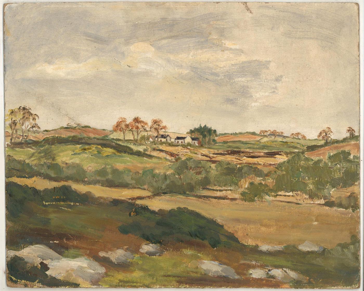 Double Sided Mid 20th Century Oil - Hilltop Cottage - Beige Landscape Painting by Unknown
